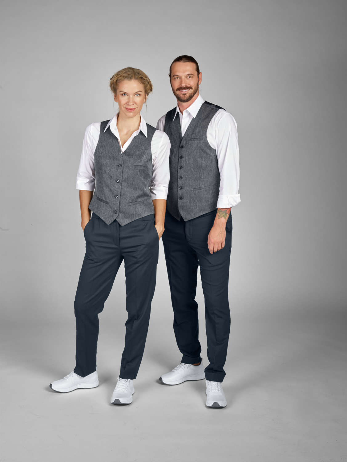 Jobeline Charleston Women's Vest, Size 50, Greyish Blue Tailored Waistcoat, 100% Polyester Herringbone Pattern, 4-Button Closure, 3 Piped Pockets