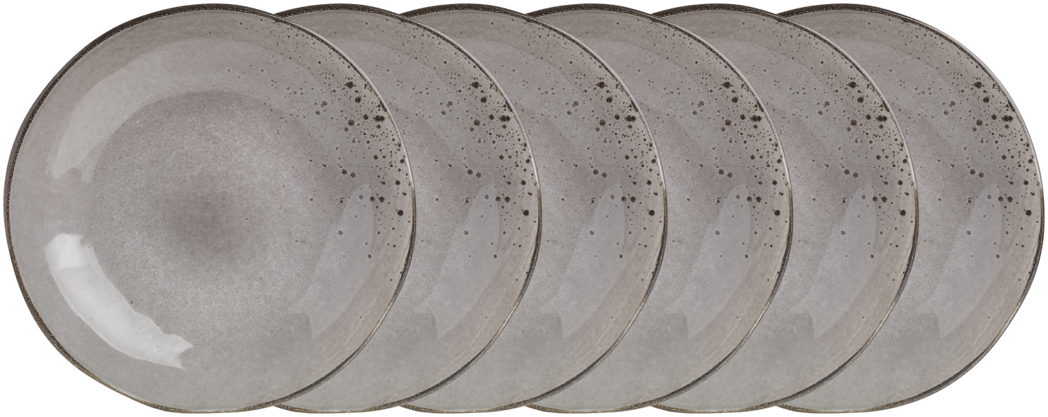 VEGA Palana Flat Plate Set of 6, 27 cm Round Stoneware Plates, Grey Speckled Hand-painted Finish, Irregular Edge, Dishwasher and Microwave Safe