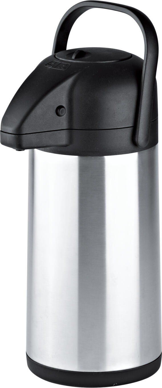 PULSIVA LUSINI Solutions GmbH Pump thermos flask Animato Pumpthermoskanne Animato Pump thermos flask Animato; 2.5 l, 15x36 cm (ØxH); black/silver Pumpthermoskanne Animato; 2.5 l, 15x36 cm (ØxH); schwarz/silber Double-walled, sturdy jug made of chrome-stainless steel, rustproof. Black plastic head with pump mechanism and carrying handle. Ideal for the buffet. Not dishwasher safe, please only rinse with clear water. Doppelwandige standfeste Kanne aus Chrom-Edelstahl, rostfrei. Schwarzer Kunststoff-Kopf mit Pumpmechanik und Tragegriff. Nicht Spülmaschinenfest, bitte nur mit klarem Wasser ausspülen.