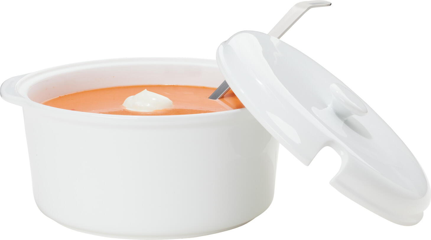 Tureen pentru supa Pulsiva Val, Porcelana de hotel, Alb, Rotund 3000 ml, cu Capac și Reces pentru Lingura, Sigur pentru Mașina de Spălat Vase și Cuptorul cu Microunde