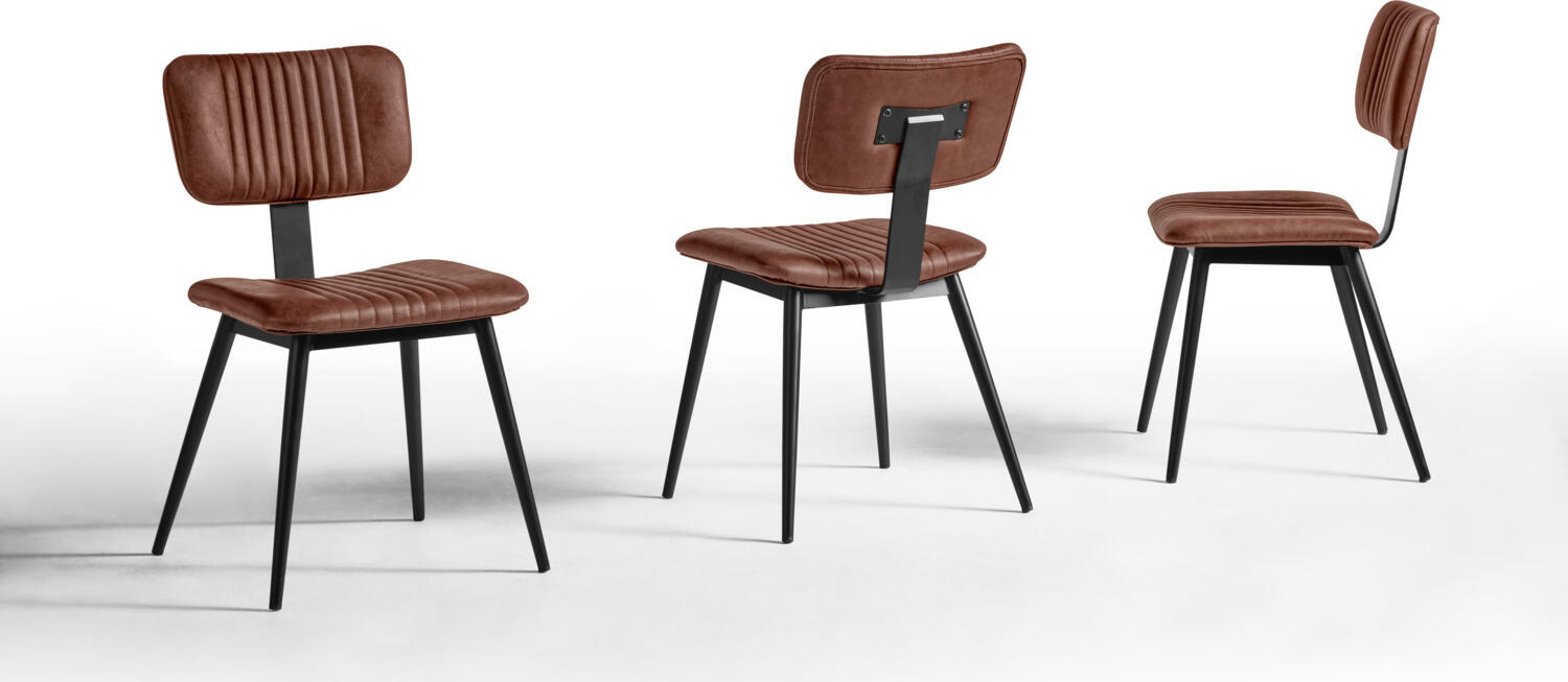 Set de 2 scaune tapitate VEGA Nolo, imitatie pielre, cadru din otel vopsit in praf, maro si negru, 47x54x81 cm, cu cusaturi decorative