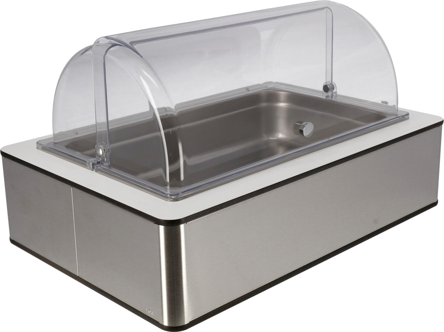 VEGA LUSINI Solutions GmbH Buffet display cabinet Fundale high, 10 cm, GN 1/1, stainles Buffetvitrine Fundale hoch, 10 cm, GN 1/1, Edelstahl Buffet display cabinet Fundale high, 10 cm, GN 1/1, stainless steel; GN 1/1, 63x42.5x33.9 cm (LxWxH); stainless steel/white/transparent; rectangular Buffetvitrine Fundale hoch, 10 cm, GN 1/1, Edelstahl; GN 1/1, 63x42.5x33.9 cm (LxBxH); edelstahl/weiß/transparent; rechteckig The buffet display case combines high-quality materials, sophisticated design and maximum functionality for gastronomy, catering and buffets. The housing is made of brushed 18/10 stainless steel, combined with a laminate panel, and guarantees a durable, hygienic and elegant solution for the professional presentation of food. The base tray is made of high-quality plastic and is heat-resistant up to 70 °C. Cooling is provided by a polyethylene ice pack, which reliably keeps food and drinks at the optimum temperature. The integrated GN container made of 18/10 chrome-nickel stainless steel is 10 cm deep, dishwasher-safe and has practical stacking lugs, reinforced corners and edges and a litre scale to make portioning easier. The display case is rounded off by the unbreakable Sturgis roll-top lid made of Tritan (BPA-free) with non-slip rubberised stop, which makes it quiet and easy to open and close. The combination of robust stainless steel, shatterproof plastic and practical details makes the refrigerated display case particularly easy to clean, durable and professional to use. Advantages and features: * High-quality construction made of 18/10 stainless steel and laminate panel * Plastic base tray, heat-resistant up to 70 °C * Polyethylene ice pack for long-lasting cooling * 10 cm deep GN container made of chrome-nickel 18/10 stainless steel, dishwasher-safe, stackable, with litre scale * Shatterproof Sturgis roll-top lid made of Tritan (BPA-free) with non-slip rubberised stop * Ideal for buffets, catering, gastronomy and events * Professional design, durable, hygienic and easy to clean Die Buffetvitrine vereint hochwertige Materialien, durchdachtes Design und maximale Funktionalität für Gastronomie, Catering und Buffets. Das Gehäuse besteht aus gebürstetem Edelstahl 18/10, kombiniert mit einer Laminatblende, und garantiert eine langlebige, hygienische und elegante Lösung für die professionelle Präsentation von Lebensmitteln. Die Basisschale ist aus hochwertigem Kunststoff gefertigt und hitzebeständig bis 70?°C. Für die Kühlung sorgt ein Kühlakku aus Polyethylen, der zuverlässig Speisen und Getränke auf optimaler Temperatur hält. Der integrierte GN-Behälter aus rostfreiem Chrom-Nickel-Edelstahl 18/10 ist 10?cm tief, spülmaschinenfest und verfügt über praktische Stapelnocken, verstärkte Ecken und Kanten sowie eine Literskala, die die Portionierung erleichtert. Abgerundet wird die Vitrine durch die bruchsichere Rolltophaube Sturgis aus Tritan (BPA-frei) mit rutschfester Anschlagsgummierung, die ein leises und komfortables Öffnen und Schließen ermöglicht. Die Kombination aus robustem Edelstahl, bruchsicherem Kunststoff und praktischen Details macht die Kühlvitrine besonders pflegeleicht, langlebig und professionell einsetzbar. Vorteile und Eigenschaften: * Hochwertiger Aufbau aus Edelstahl 18/10 und Laminatblende * Basisschale aus Kunststoff, hitzebeständig bis 70?°C * Kühlakku aus Polyethylen für langanhaltende Kühlung * 10?cm tiefer GN-Behälter aus Chrom-Nickel-Edelstahl 18/10, spülmaschinenfest, stapelbar, mit Literskala * Bruchsichere Rolltophaube Sturgis aus Tritan (BPA-frei) mit rutschfester Anschlagsgummierung * Ideal für Buffets, Catering, Gastronomie und Events * Professionelles Design, langlebig, hygienisch und pflegeleicht