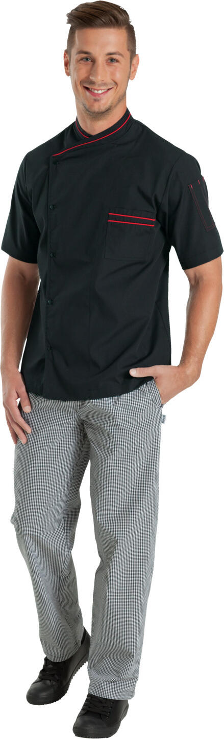 PULSIVA LUSINI Solutions GmbH Men's chef's jacket Jonas short-sleeved Herren Kochjacke Jonas Kurzarm Men's chef's jacket Jonas short-sleeved; Size 64; black, Piping red Herren Kochjacke Jonas Kurzarm; Kleidergröße 64; schwarz, Paspelierung rot 65 % polyester, 35 % cotton.175 g/m². 60 °C wash. Practical men's chef jacket made of easy-care, comfortable blended fabric. With snap button closure, contrast piping and air eyelets under the arms. Left front with chest pocket, upper arm with pen pocket. Straight cut available in half sleeve and long sleeve. Back length: 75 cm for size 50. 65 % Polyester, 35 % Baumwolle.175 g/m². 60°-Wäsche. Praktische Herrenkochjacke aus pflegeleichtem, angenehmen Mischgewebe. Mit Druckknopfverschluss, Kontrastpaspelierung und Luftösen unter den Armen. Linkes Vorderteil mit Brusttasche, Oberarm mit Stifttasche. Gerader Schnitt in Halbarm und Langarm erhältlich. Rückenlänge: 75 cm in Gr 50