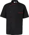 PULSIVA LUSINI Solutions GmbH Men's chef's jacket Jonas short-sleeved Herren Kochjacke Jonas Kurzarm Men's chef's jacket Jonas short-sleeved; Size 56; black, Piping red Herren Kochjacke Jonas Kurzarm; Kleidergröße 56; schwarz, Paspelierung rot 65 % polyester, 35 % cotton.175 g/m². 60 °C wash. Practical men's chef jacket made of easy-care, comfortable blended fabric. With snap button closure, contrast piping and air eyelets under the arms. Left front with chest pocket, upper arm with pen pocket. Straight cut available in half sleeve and long sleeve. Back length: 75 cm for size 50. 65 % Polyester, 35 % Baumwolle.175 g/m². 60°-Wäsche. Praktische Herrenkochjacke aus pflegeleichtem, angenehmen Mischgewebe. Mit Druckknopfverschluss, Kontrastpaspelierung und Luftösen unter den Armen. Linkes Vorderteil mit Brusttasche, Oberarm mit Stifttasche. Gerader Schnitt in Halbarm und Langarm erhältlich. Rückenlänge: 75 cm in Gr 50