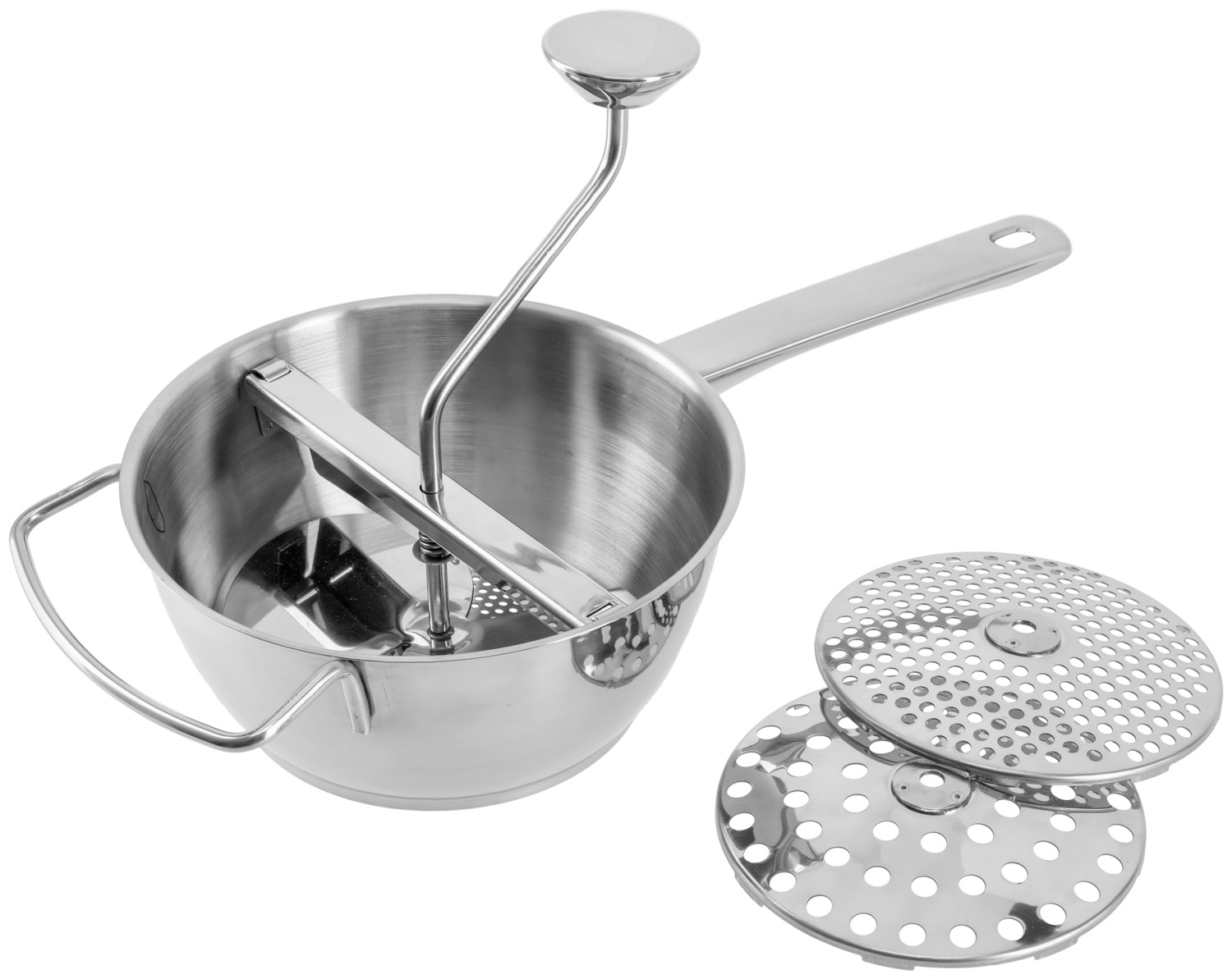 PULSIVA LUSINI Solutions GmbH Food mill Squirl Passiermühle Squirl Food mill Squirl; 20x42.7x19.5 cm (ØxLxH); silver Passiermühle Squirl; 20x42.7x19.5 cm (ØxLxH); silber Food mill made of chrome stainless steel 18/0. Purées fruit, meat and vegetables. Includes 3 interchangeable sieves. Easy to clean, suitable for dishwasher. Passiermühle aus 18/0 Chrom-Edelstahl, rostfrei. Püriert Obst, Fleisch und Gemüse. Inkl. 3 auswechselbaren Sieben. Einfach zu reinigen, spülmaschinengeeignet.