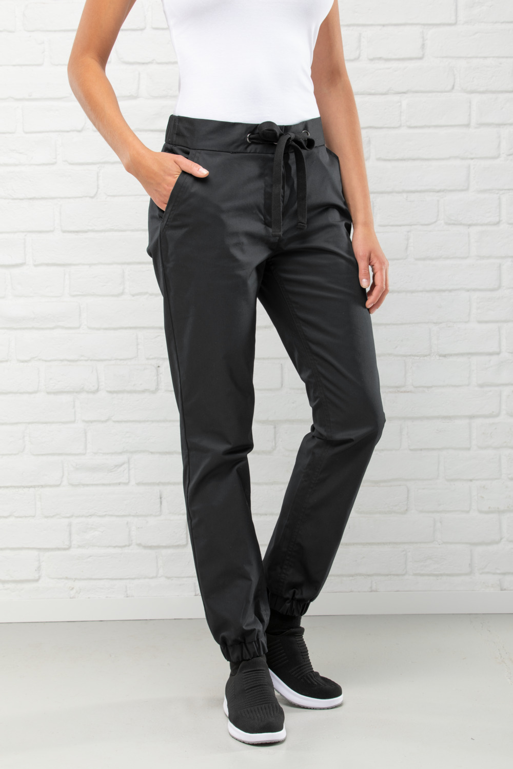 Jobeline Sweatpant Women's Chef Trousers, Cotton-Polyester Blend, Elasticated Waistband with Drawstring, Tapered Leg, Black, Size 40