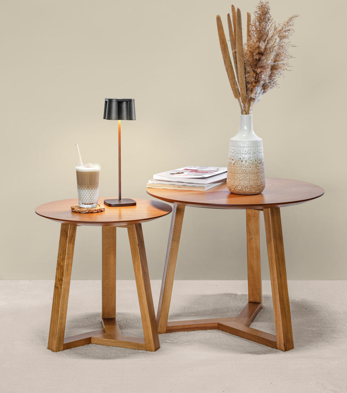 VEGA Melena Round Side Table, Lacquered Beech Wood, Light-Brown, 46 cm Height, 44.5 cm Diameter, 20 kg Max Load, Assembled