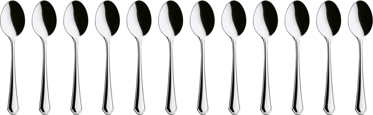 PULSIVA LUSINI Solutions GmbH Mocha/espresso spoon Tunis Basic Mokka-/Espressolöffel Tunis Basic Mocha/espresso spoon Tunis Basic; 11 cm (L); silver, handle silver; 12 piece / pack Mokka-/Espressolöffel Tunis Basic; 11 cm (L); silber, Griff silber; 12 Stück / Pack 18/0 chrome-stainless steel, rustproof. Classic espresso spoon. Mirror polished. Material thickness 2.2 mm (measured at the thickest point of the table fork). Suitable for dishwasher. Chrom-Edelstahl 18/0, rostfrei. Dieser kleine Mokka-/Espressolöffel der Serie Tunis Basic kombiniert schlichte Eleganz mit einer hochwertigen, glänzenden Oberfläche. Trotz seiner kompakten Größe ist er dank 2,2 mm Materialstärke (gemessen an der stärksten Stelle der Menügabel) äußerst stabil. Perfekt für Cafés, Hotels und den schnellen Spülmaschineneinsatz. Ihre Vorteile auf einen Blick: • Spülmaschinengeeignet – hygienisch & leicht zu reinigen • Magnetisch – optimal für Polier- und Sortiersysteme • Nickelfrei – ideal auch für empfindliche Gäste