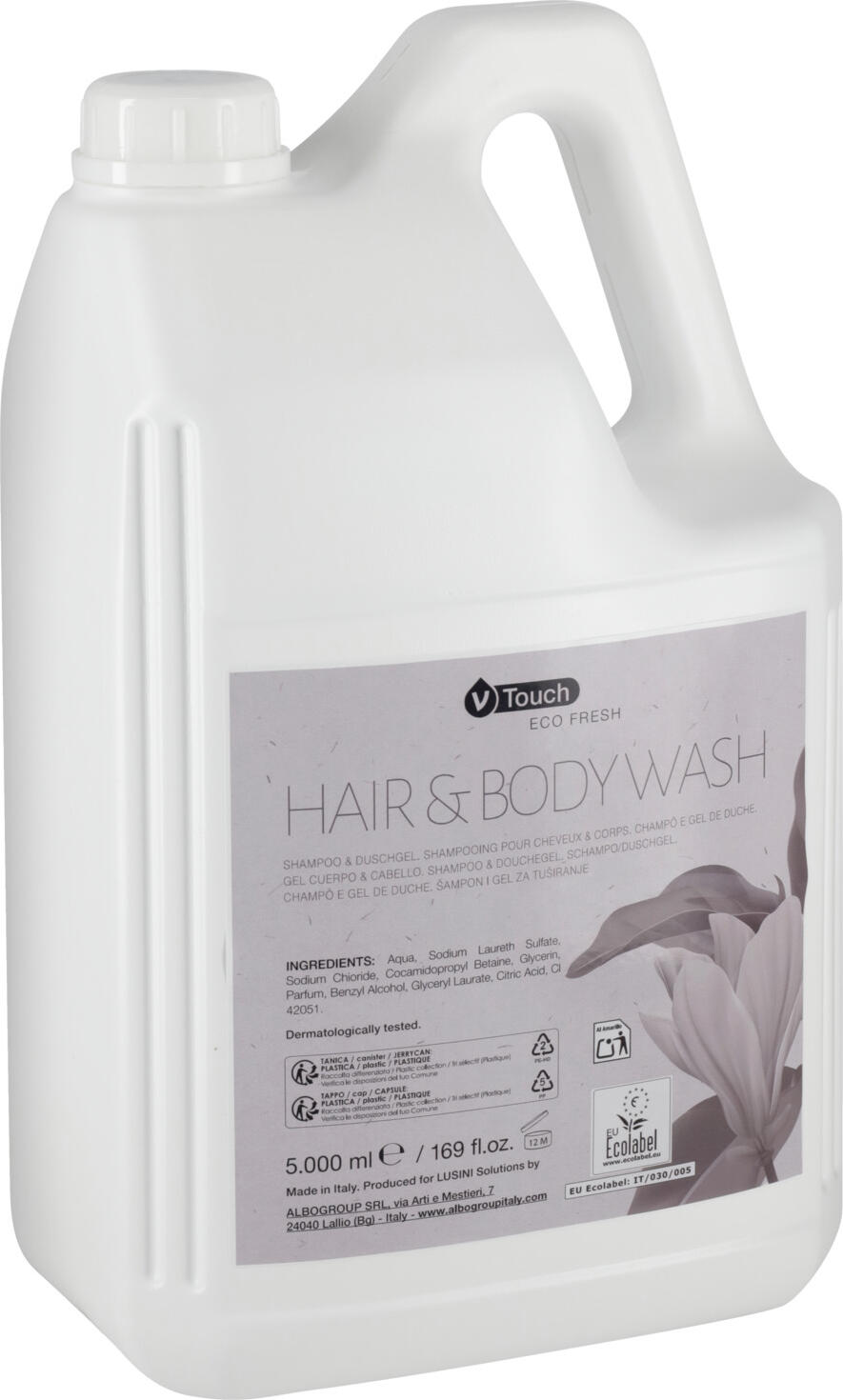 V-Touch LUSINI Solutions GmbH Hotel shampoo and shower gel Eco Fresh 2 in 1, canister Hotel Shampoo und Duschgel Eco Fresh 2 in 1, Kanister Hotel shampoo and shower gel Eco Fresh 2 in 1, canister; 5000 ml; light-blue; 2 piece / pack Hotel Shampoo und Duschgel Eco Fresh 2 in 1, Kanister; 5000 ml; hellblau; 2 Stück / Pack Sustainable and convenient at the same time: fine hair and body care in one in a practical refill canister. The gently cleansing hair and body gel is suitable for all hair and skin types. The EU Ecolabel is the European Union's ecological quality mark and recognises products that guarantee high performance standards but are characterised by a lower environmental impact throughout their life cycle. Dermatologically tested and pH-neutral! Content: 5000 ml. This product from the Ecolabel-certified V-Touch Eco Fresh series can be personalised - with individual labels from 160 pieces. Nachhaltig und bequem zugleich: Feine Haar- und Körperpflege in einem im praktischen Nachfüllkanister. Das sanft reinigende Haar- und Körpergel ist für jeden Haar- und Hauttyp geeignet. Das EU-Umweltzeichen ist das ökologische Qualitätszeichen der Europäischen Union und zeichnet Produkte aus, die zwar hohe Leistungsstandards garantieren, sich aber während ihres gesamten Lebenszyklus durch geringere Umweltauswirkungen auszeichnen. Dermatologisch getestet und pH-neutral! Inhalt: 5000 ml Dieses Produkt der Ecolabel-zertifizierte V?Touch Eco Fresh Serie ist personalisierbar – mit individuellem Etikett ab 160 Stück