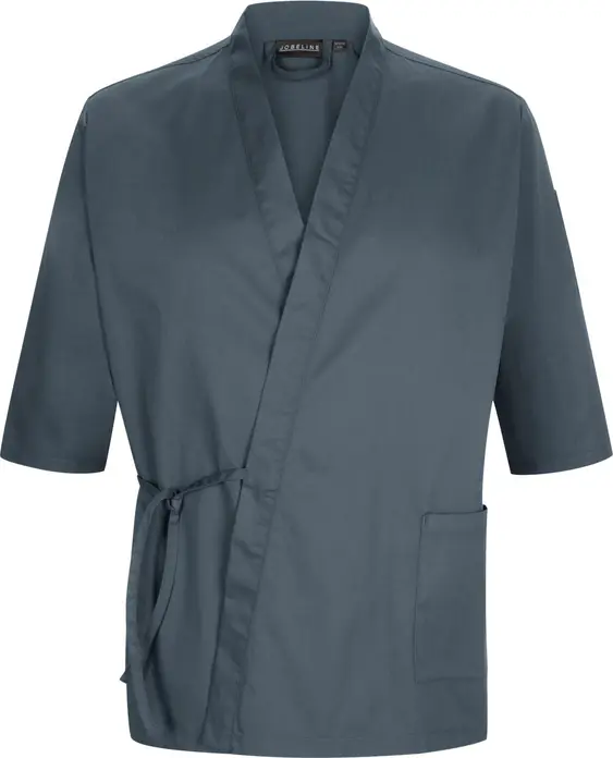Jobeline Yuki Men's Chef Jacket, 65% Polyester 35% Cotton, Wrap Look, Shawl Collar, Three-Quarter Sleeves, OEKO-TEX Standard 100, Greyish Blue