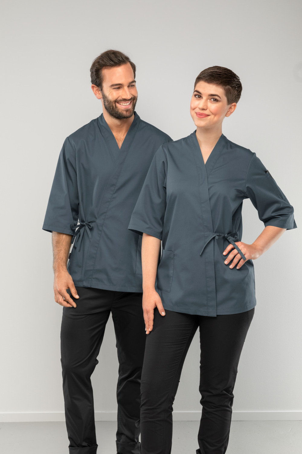 Jobeline Yuki Men's Chef Jacket, 65% Polyester 35% Cotton, Wrap Look, Shawl Collar, Three-Quarter Sleeves, OEKO-TEX Standard 100, Greyish Blue