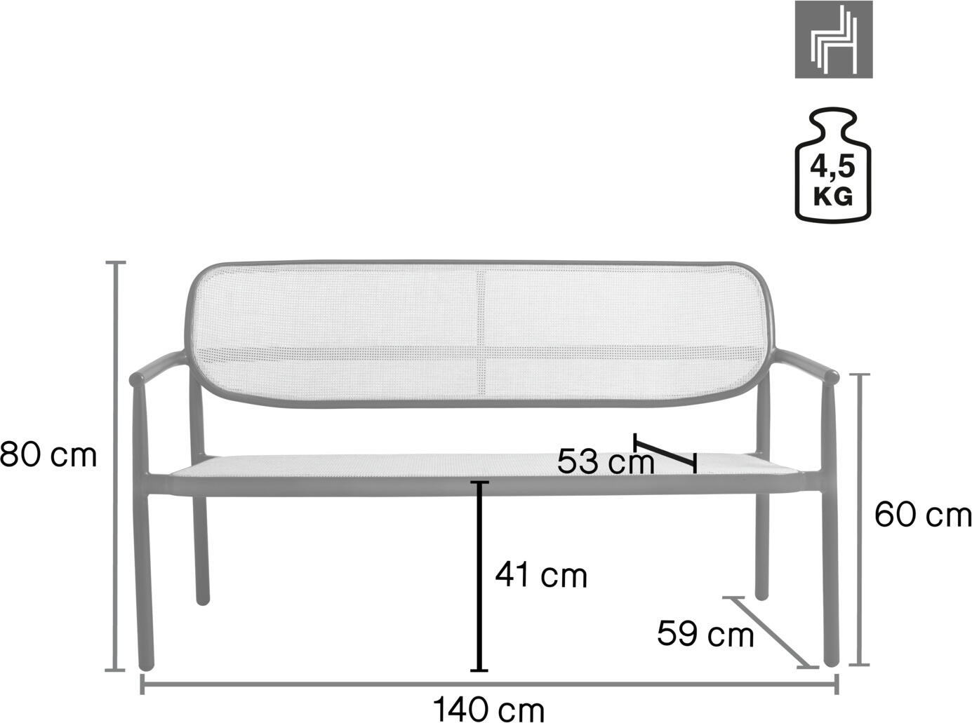 Banca de exterior VEGA Candia, cadru din aluminiu vopsit electrostatic, material polirattan cu aspect de impletit, bej si maro inchis, 144x68x79 cm, rezistenta la intemperii si stivuila