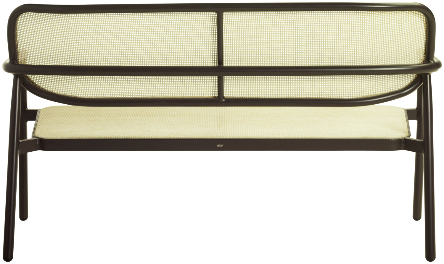 Banca de exterior VEGA Candia, cadru din aluminiu vopsit electrostatic, material polirattan cu aspect de impletit, bej si maro inchis, 144x68x79 cm, rezistenta la intemperii si stivuila