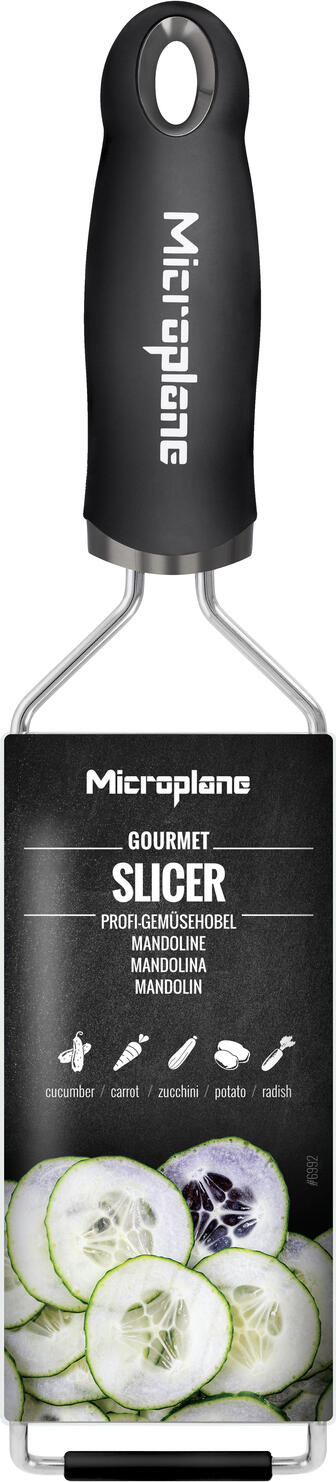Feliator de legume Microplane Gourmet Slicer 6992 Mandolina cu lama din otel inoxidabil, maner ergonomic soft-touch si baza antiderapante, Negru