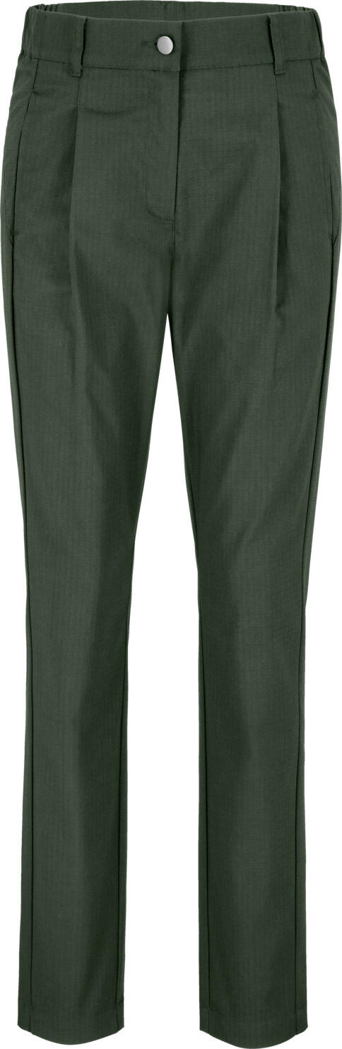 JOBELINE LUSINI Solutions GmbH Women's chef trousers Joggfit Ripstop Damen Kochhose Joggfit Ripstop Women's chef trousers Joggfit Ripstop; Size 38; dark olive Damen Kochhose Joggfit Ripstop; Kleidergröße 38; dunkeloliv 64% polyester, 34% cotton, 2% elastane. 230 g/m². 60°C wash. Modern chef trousers with pleats for women made from a functional and slightly elastic ripstop fabric. With a comfortable stretch waistband at the sides, two piped back pockets and side slit pockets. The waistband has belt loops and a classic button fastening. Comfortable rise with a tapered leg. Inside leg length: 78 cm for size 36. 64 % Polyester, 34 % Baumwolle, 2 % Elasthan. 230 g/m². 60°-Wäsche. Moderne Kochhose mit Bundfalte für Damen aus einem funktionalen und leicht elastischen Ripstop-Gewebe. Mit komfortablem Dehnbündchen an den Seiten, zwei paspelierten Gesäßtaschen und seitlichen Einschubtaschen. Der Bund hat Gürtelschlaufen und einen klassischen Knopfverschluss. Bequeme Leibhöhe mit schmal zulaufendem Bein. Innenbeinlänge: 78 cm in Gr. 36