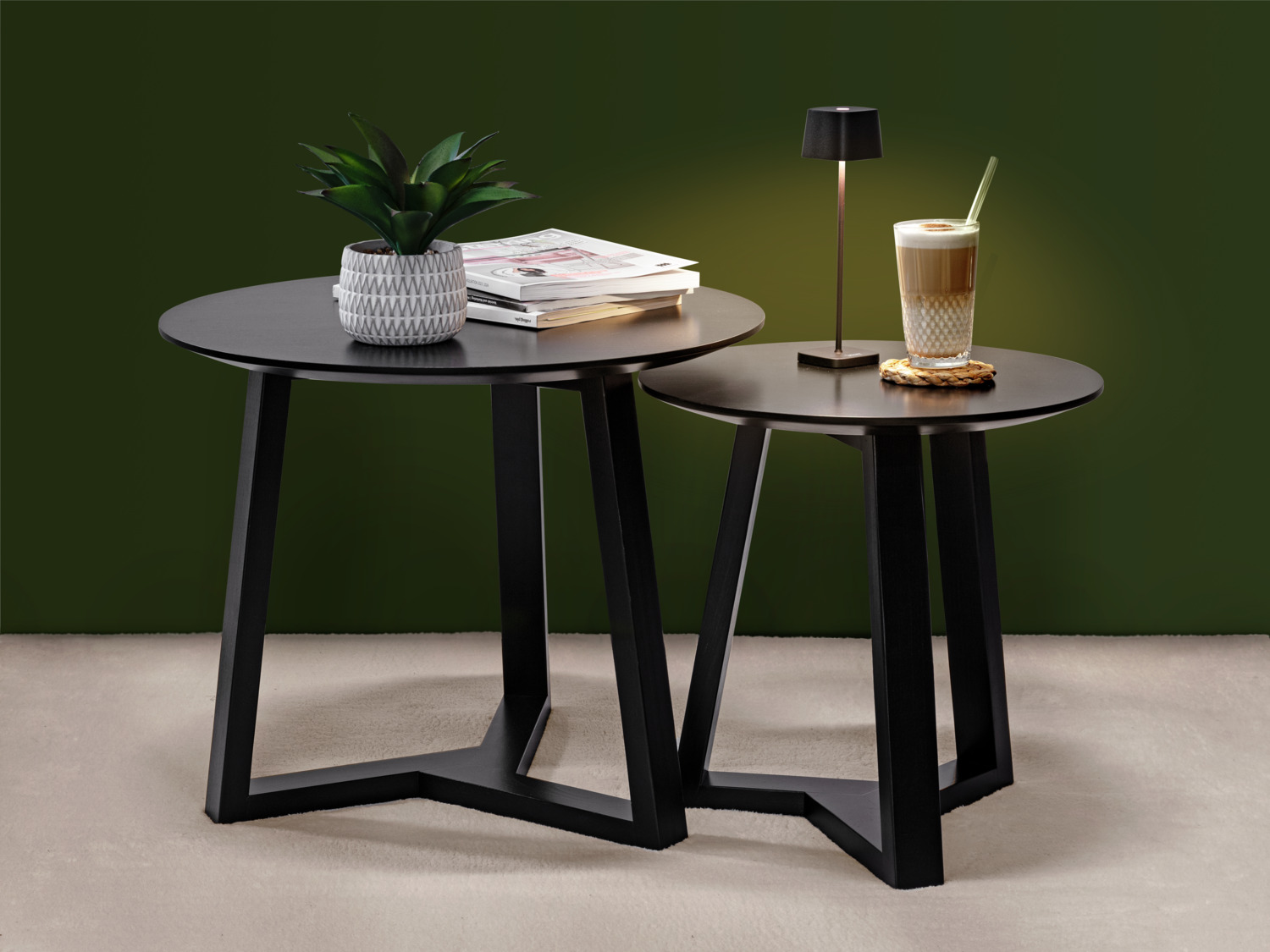 VEGA Melena Round Side Table, Lacquered Beech Solid Wood, Black, 60 cm Diameter, 50.5 cm Height, 20 kg Load Capacity