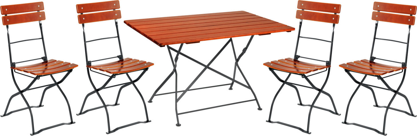 VEGA LUSINI Solutions GmbH Outdoor seating set Bavaria 5-piece Outdoor Sitzgruppe Bavaria 5-teilig Outdoor seating set Bavaria 5-piece; 80x74 cm (WxH); chestnut Outdoor Sitzgruppe Bavaria 5-teilig; 80x74 cm (BxH); kastanie Classic beer garden furniture made of galvanized and powder-coated steel frame and a pressure-impregnated, double thick-laminated ash wood table top. Includes floor-protecting plastic glides. Foldable, weatherproof and extremely robust. The set consists of 1x table 120x80x74 cm, 4x chair. Klassische Biergartenmöbel aus galvanisch verzinktem und pulverbeschichtetem Stahlgestell und einer druckimprägnierten, zweifach dickschichtlasierten Tischplatte aus Eschenholz. Inklusive bodenschonender Kunststoffgleitern. Klappbar, wetterfest und extrem robust. Das Set besteht aus 1x Tisch 120x80x74 cm, 4x Stuhl.