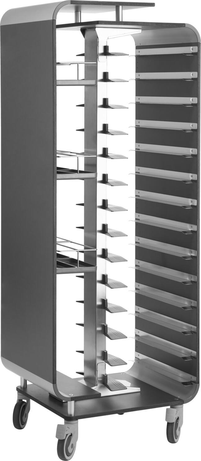 VEGA LUSINI Solutions GmbH Tray trolley Gorgone Tablettwagen Gorgone Tray trolley Gorgone; 70.5x55x188 cm (WxDxH); anthracite Tablettwagen Gorgone; 70.5x55x188 cm (BxTxH); anthrazit Robust tray clearing trolley made of high-quality laminate and plastic with adjustable centre column (26 to 40 cm possible). Offers space for 14 trays, height of tray inserts: 11 cm. Three height-adjustable bottle baskets. Up to eight 0.5 litre bottles can be stored in each compartment. All castors can be steered, two of which have a locking brake. Stainless steel. Can be used in protected outdoor areas. Supplied assembled. VEGA own design. Can be wiped clean with a damp cloth. Water-repellent. The two trays 10040023 and 10049358 are the ideal addition to our clearing trolley and ensure even more efficiency in everyday work. They fit the trolley perfectly, are easy to use and can be transported safely. Thanks to their robust design, they are perfect for use in the catering and hotel industry. Whether serving or clearing - with these compatible trays, you can expand the functionality of your clearing trolley and optimise your processes. Robuster Tablettabräumwagen aus hochwertigem Laminat und Kunststoff mit Zentralsäule welche verstellbar ist (26 bis 40 cm möglich). Bietet Platz für 14 Tabletts, Höhe der Tabletteinschübe: 11 cm. Drei Höhenverstellbare Flaschenkörbe. Pro Fach können bis zu acht 0,5 l Flaschen abgestellt werden. Alle Rollen sind lenkbar, zwei davon haben eine Feststellbremse. Rostfrei. Einsetzbar im geschützten Außenbereich. Wird montiert geliefert. VEGA Eigendesign. Feucht abwischbar. Wasserabweisend. Die beiden Tabletts 10040023 und 10049358 sind die ideale Ergänzung zu unserem Abräumwagen und sorgen für noch mehr Effizienz im Arbeitsalltag. Sie sind passgenau auf den Wagen abgestimmt, lassen sich einfach einsetzen und sicher transportieren. Dank ihrer robusten Verarbeitung eignen sie sich perfekt für den Einsatz in Gastronomie und Hotellerie. Ob beim Servieren oder Abräumen – mit diesen kompatiblen Tabletts erweitern Sie die Funktionalität Ihres Abräumwagens und optimieren Ihre Abläufe.