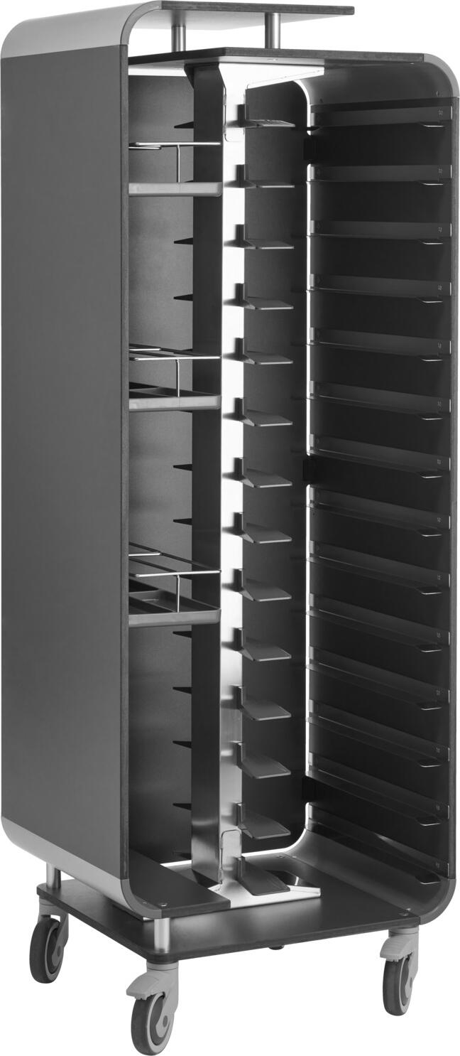VEGA Gorgone Tray Trolley, Anthracite, 14 Tray Capacity, 3 Adjustable Bottle Baskets, Stainless Steel and Laminate, 70.5x55x188 cm, 4 Castors