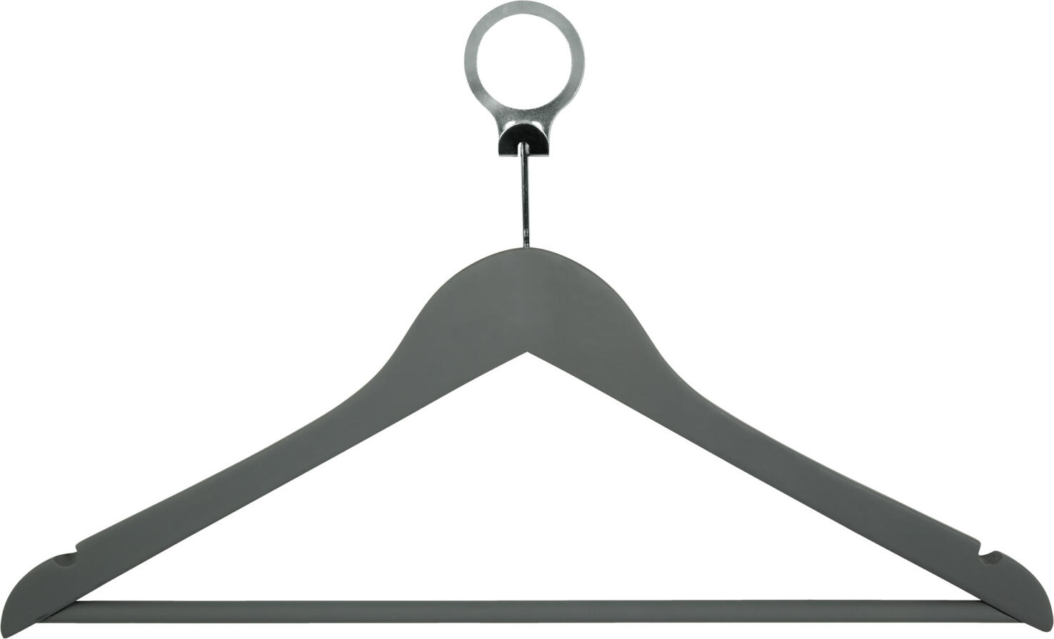 PULSIVA LUSINI Solutions GmbH Hotel coat hangers Colgado Hotel Kleiderbügel Colgado Hotel coat hangers Colgado; 44.5x27 cm (LxH); grey; 12 piece / pack Hotel Kleiderbügel Colgado; 44.5x27 cm (LxH); grau; 12 Stück / Pack Functional coat hanger made of lotus wood with metal anti-theft device. With soft touch lacquer for an eye-catching look. In addition, the velvety surface of the coat hanger also prevents items of clothing hanging on it from slipping off. The hotel coat hanger has a skirt notch and a non-slip bar. The hanger has an anti-theft device with a Ø of 38 mm and is therefore perfectly suited to the different needs of hotels and guesthouses. Replacement rings can be reordered. Funktionaler Kleiderbügel aus Lotosholz mit Diebstahlsicherung aus Metall. Mit Soft Touch Lack für eine auffällige Optik. Darüber hinaus verhindert die samtartige Oberfläche des Kleiderbügels gleichzeitig das Abrutschen der darüber gehängten Kleidungsstücke. Der Hotelkleiderbügel verfügt über einen Rockeinschnitt und einen rutschfesten Steg. Der Bügel ist mit Diebstahlsicherung mit einem Ø von 38 mm und somit auf die unterschiedlichen Bedürfnisse der Hotels oder Pensionen perfekt ausgerichtet. Ersatzringe nachbestellbar.
