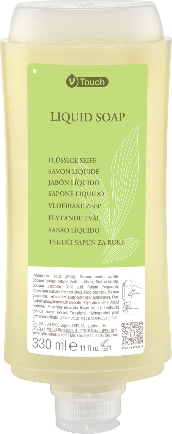 V-Touch Mineral Liquid Soap for Hands Body and Face, Peach Vanilla and Flowers Scent, Organic Cornflower and Passion Flower Extracts, 330ml, Set of 24 Bottles