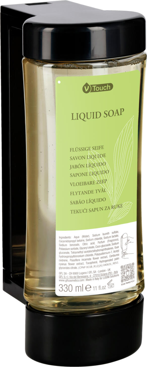 V-Touch LUSINI Solutions GmbH Hotel soap Mineral in dispenser system Hotelseife Mineral im Spendersystem Hotel soap Mineral in dispenser system; 330 ml; green; 24 piece / pack Hotelseife Mineral im Spendersystem; 330 ml; grün; 24 Stück / Pack Refreshing V-Touch Mineral liquid soap for gentle cleansing of your guests' hands, body and face. The beguiling scent of peach, vanilla and exquisite flowers provides a harmonious experience of freshness. A valuable care all-rounder with organic extracts of cornflower and passion flower. Dermatologically tested. The dispenser bottle is made from 100% recycled material and is simply hung in the dispenser. It is removed by pressing lightly on the bottle. The dispenser bottle is also environmentally friendly and can be recycled after use. Dispenser bottle capacity: 330 ml. Order matching holder separately. Erfrischende Flüssigseife V-Touch Mineral für eine sanfte Reinigung für Hände, Körper und Gesicht Ihrer Gäste. Der betörende Duft nach Pfirsich, Vanille und erlesenen Blüten beschert ein harmonisches Frischeerlebnis. Ein wertvoller Pflege-Allrounder mit Bio-Extrakten der Kornblume und der Passionsblume. Dermatologisch getestet. Die Spenderflasche ist aus 100 % recyceltem Material und wird in den Spender einfach eingehängt. Die Entnahme erfolgt durch leichten Druck auf die Flasche. Dazu ist die Spenderflasche umweltschonend und kann nach Gebrauch recycelt werden. Spenderflasche Inhalt: 330 ml. Passende Halterung separat dazu bestellen.