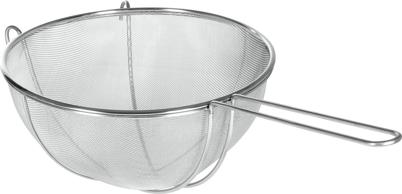 Weis Karl Weis u. Cie. GmbH Kitchen sieve Strong Küchensieb Strong Kitchen sieve Strong; 26x12 cm (ØxH); silver; round Küchensieb Strong; 26x12 cm (ØxH); silber; rund The WEIS straining and blanching sieve (Ø 26 cm) is the ideal choice for professional use in the catering, hospitality, catering and commercial kitchen sectors. Made from high-quality, rust-proof stainless steel, the sieve impresses with its robust construction, high durability and reliable performance in day-to-day kitchen operations. With a mesh size of 1.25 mm (medium-fine), the strainer and blanching sieve is ideal for straining soups, sauces, stocks and purées, as well as for filtering broths and other liquids. The reinforced strainer body, featuring a double protective rim and two sturdy support hooks, ensures a secure fit on pots and containers and allows for comfortable working even with larger quantities. The ergonomic tubular handle with a practical hanging loop fits comfortably in the hand and allows for space-saving storage. The dishwasher-safe stainless steel strainer meets the highest hygiene standards and is designed for intensive use in the HORECA sector. Thanks to its high-quality workmanship, it retains its shape and remains reliable even with daily use. Product benefits Professional strainer and blanching sieve for the catering industry and commercial kitchens High-quality, rust-free stainless steel Diameter: 26 cm Mesh size: 1.25 mm (medium-fine) Reinforced strainer body with double protective rim Two sturdy support hooks for a secure hold Ergonomic tubular handle with hanging loop Dishwasher-safe Hygienic, durable and easy to clean Ideal for restaurants, hotels, catering, commercial kitchens and communal catering Technical specifications Brand: WEIS Material: Stainless steel Diameter: 26 cm Mesh size: 1.25 mm (medium-fine) Type: Fine Reinforced strainer body With support hooks Handle with hanging loop Dishwasher-safe Das WEIS Passier- und Brühsieb Ø 26 cm ist die ideale Wahl für den professionellen Einsatz in Gastronomie, Hotellerie, Catering und Großküchen. Gefertigt aus hochwertigem, rostfreiem Edelstahl überzeugt das Sieb durch seine stabile Verarbeitung, hohe Langlebigkeit und zuverlässige Funktion im täglichen Küchenbetrieb. Mit einer Maschenweite von 1,25 mm (mittelfein) eignet sich das Passier- und Brühsieb hervorragend zum Passieren von Suppen, Saucen, Fonds und Pürees sowie zum Abseihen von Brühen und anderen Flüssigkeiten. Der verstärkte Siebkörper mit doppeltem Schutzbügel und zwei stabilen Auflagehaken sorgt für sicheren Halt auf Töpfen und Behältern und ermöglicht ein komfortables Arbeiten auch bei größeren Mengen. Der ergonomische Rohrgriff mit praktischer Aufhängeöse liegt angenehm in der Hand und ermöglicht eine platzsparende Aufbewahrung. Das spülmaschinengeeignete Edelstahlsieb erfüllt höchste Hygienestandards und ist für den intensiven Einsatz im HORECA-Bereich konzipiert. Dank der hochwertigen Verarbeitung bleibt es auch bei täglicher Nutzung formstabil und zuverlässig. Produktvorteile Professionelles Passier- und Brühsieb für Gastronomie und Großküchen Hochwertiger, rostfreier Edelstahl Durchmesser: 26 cm Maschenweite: 1,25 mm (mittelfein) Verstärkter Siebkörper mit doppeltem Schutzbügel Zwei stabile Auflagehaken für sicheren Halt Ergonomischer Rohrgriff mit Aufhängeöse Spülmaschinengeeignet Hygienisch, langlebig und pflegeleicht Ideal für Restaurants, Hotels, Catering, Großküchen und Gemeinschaftsverpflegung Technische Daten Marke: WEIS Material: Edelstahl Durchmesser: 26 cm Maschenweite: 1,25 mm (mittelfein) Ausführung: Fein Verstärkter Siebkörper Mit Auflagehaken Griff mit Aufhängeöse Spülmaschinengeeignet