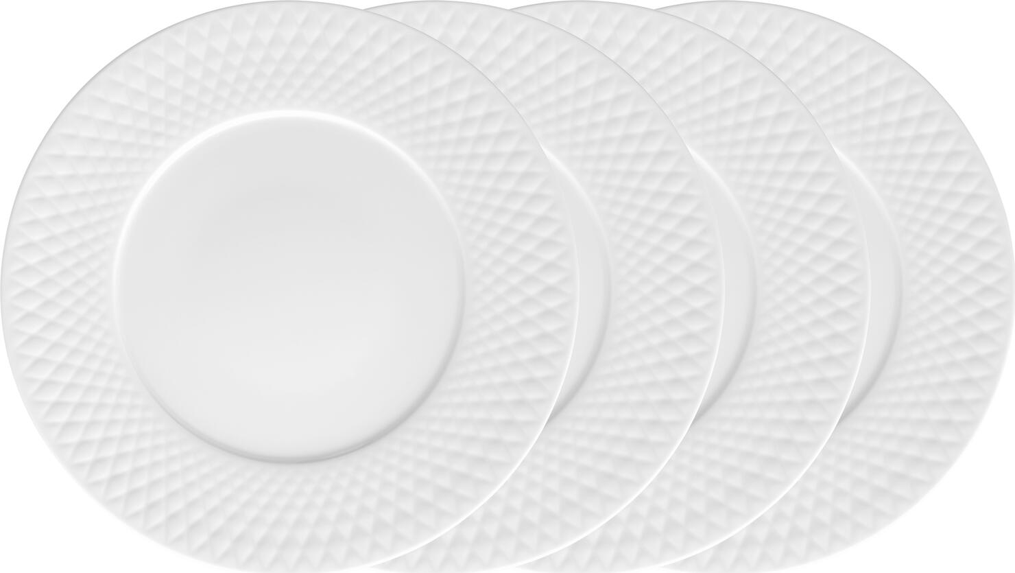 Set de 4 piese farfurii plate din porțelan VEGA Bilbero, albe, rotunde, diametru 31 cm, cu relief romboid pe margine