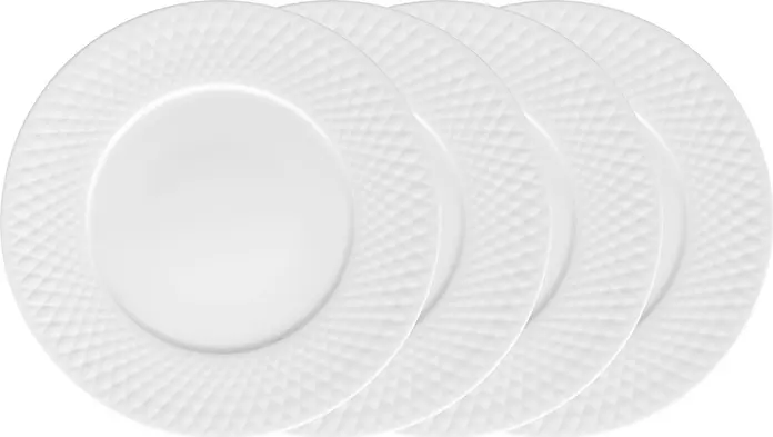 Set de 4 piese farfurii plate din porțelan VEGA Bilbero, albe, rotunde, diametru 31 cm, cu relief romboid pe margine