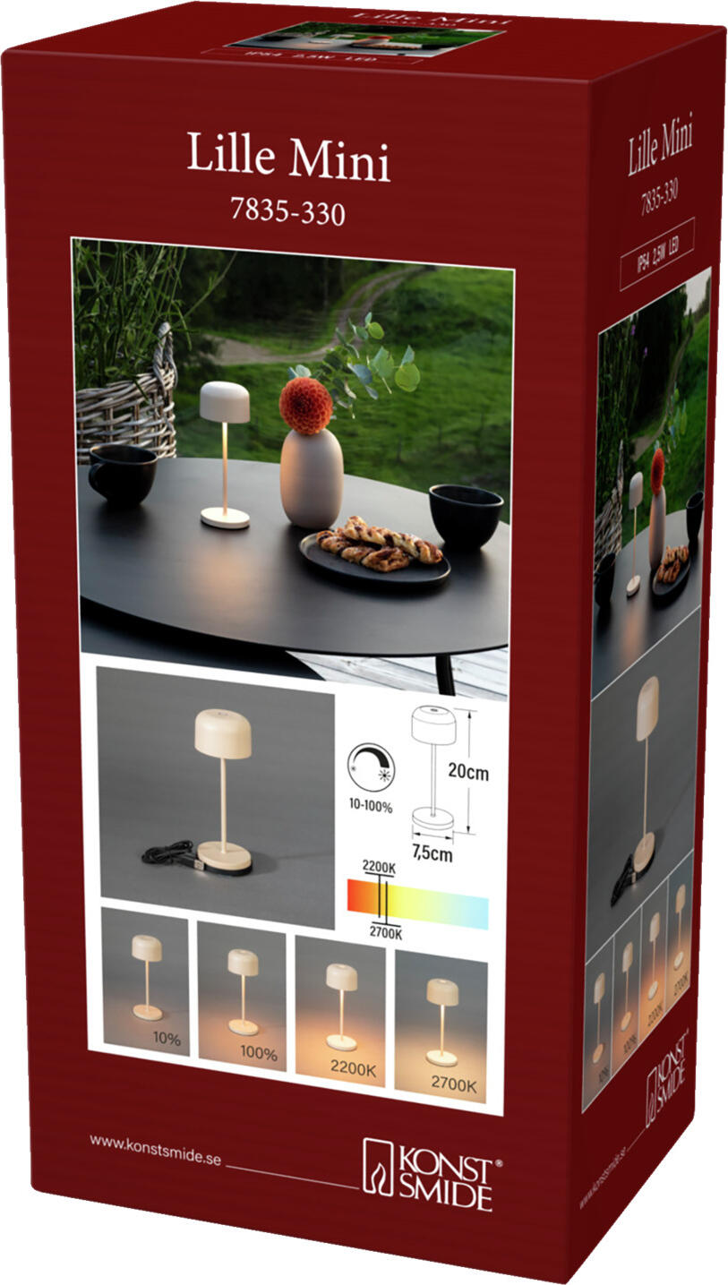 Konstsmide Lille mini Rechargeable LED Table Lamp, Sand, IP54 Weather Resistant Indoor Outdoor Light, Stepless Dimming, Warm White, 7.5x20 cm, 7835