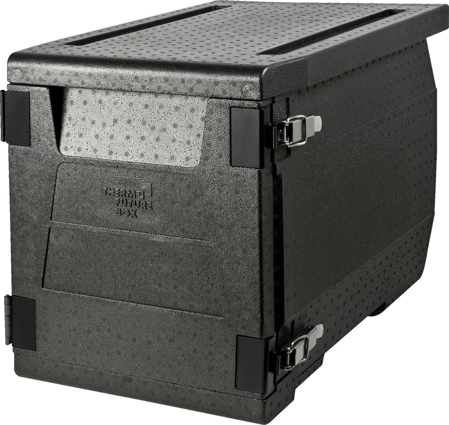 Thermo Future Box Barth GmbH – Thermo Future Box Thermo transport box GN front loader Thermo-Transportbehälter GN-Frontlader Thermo transport box GN front loader; 65 l, 63.5x46.5x47.5 cm (LxWxH); black Thermo-Transportbehälter GN-Frontlader; 65 l, 63.5x46.5x47.5 cm (LxBxH); schwarz Sturdy GN front loader including door (without content) made of black EPP-plastic (material thickness: 3 cm). With eight slide-in rails. Suitable for transporting, insulating, cooling and keeping warm. The insulating properties are between -40  °C to +120  °C, maximum temperature loss in a closed box 2-3  °C per hour. Particularly unbreakable, hygienic and food safe. Environmentally friendly, 100 % recyclable and CFC-free. Very lightweight and stackable, equipped with double-sided handles. The door is completely removable. Delivery without cold pack and GN container. Cold pack see below. Suitable for dishwashers. Robuste Transport- und Isolierbox aus EPP-Kunststoff (Materialstärke 4 cm). Die bruchsichere Transportbox ist mit rundum laufenden Griffleisten versehen und lässt sich komfortabel tragen. Die Edelstahlverschlüsse mit Kunststoffscharnieren halten die Tür an der Vorderseite sicher verschlossen und lassen sich leicht bedienen. Umweltfreundlich, da 100 % recyclingfähig und FCKW-frei. In dieser Transportbox mit Öffnung vorn gelangen Speisen sicher und optimal temperiert zu ihrem Bestimmungsort. Erfüllt die Bestimmungen der Lebensmittelgesetze für den Transport unverpackter Lebensmittel. Die sehr leichte und robuste Kunststoffbox verfügt über zwölf Einschubschienen für GN-Behälter bis Größe 1/1 GN oder deren Unterteilung bis 1/3 GN. Die Isoliereigenschaften liegen zwischen –40 °C bis +120 °C, maximaler Temperaturverlust bei geschlossener Box 2–3 °C pro Stunde. Stapelbar und spülmaschinengeeignet bis 85°C. Passende Transport-Trolli, GN-Behälter und Kühl- und Wärmeakku gleich mitbestellen.
