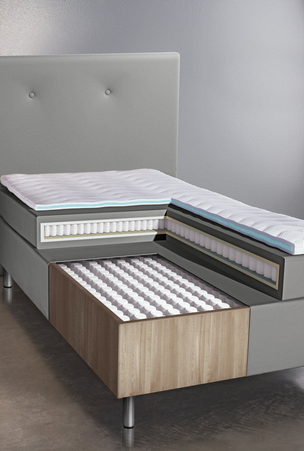 Pat box spring VEGA Premium, 180x200x69 cm, Fermitate H3, Saltea cu arcuri pockets 7 zone, Topper spuma gel, Piele ecologică, Set de 4 piese