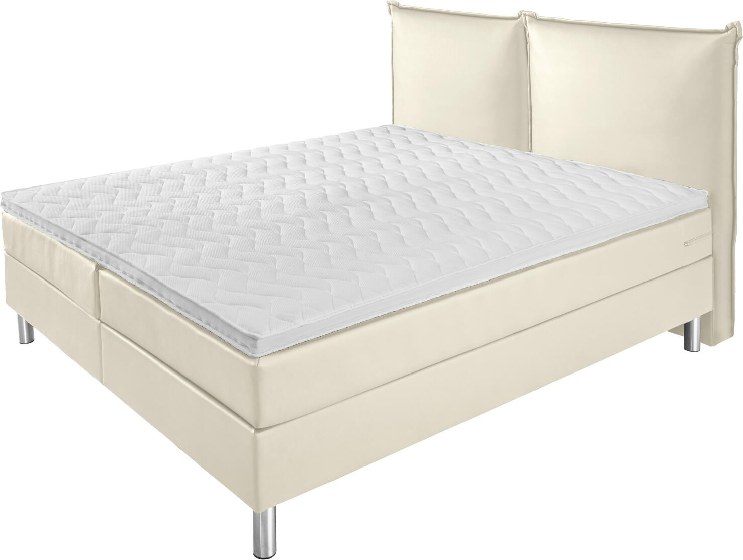 VEGA LUSINI Solutions GmbH Box spring bed Premium Imitation leather, headboard with pad Boxspringbett Premium Kunstleder, Rückenteil Polster Box spring bed Premium Imitation leather, headboard with padding; 180x200x69 cm (WxLxH); pearl-white; hard Boxspringbett Premium Kunstleder, Rückenteil Polster; 180x200x69 cm (BxLxH); perlweiß; H3-fest Box spring bed in a practical complete set. Box with pocket springs. Solid wood frame. 7-zone pocket spring mattress. Gel foam topper for comfortable sleep. Headboard with padding — height 110 cm. Silver steel feet. Height for getting into bed: 69 cm. Height: Feet 16 cm + box 27 cm + mattress 21 cm + topper 5 cm; total height: 69 cm. With imitation leather cover. Available as a single or double bed. Supplied with connecting elements. The feet of the bed can be found inside the box when delivered. The back of the headboard is also covered with fabric. Boxspringbett im praktischen Komplettset. Box mit Fünf-Zonen-Taschenfederkernmatratze mit 540 Federn auf 2 m². Gepolsteter Rahmen aus Vollholz. 7-Zonen Taschenfederkernmatratze mit 920 Federn auf 2 m². Gelschaum-Topper für guten Schlafkomfort. Rückenteil mit Polster - Höhe 110 cm. Rostfreie Metallfüße in Silber. Einstiegshöhe: 69 cm. Höhe Füße 16 cm + Box 27 cm + Matratze 21 cm  + Topper 5 cm insgesamt: 69 cm. Mit Kunstleder-Bezug. Als Einzel- oder Doppelbett erhältlich. Lieferung inkl. Verbindungselemente. Füße der Betten sind bei Lieferung im Inneren der Box zu finden. Rückenteil ist auch auf der Rückseite mit Stoff bezogen.
