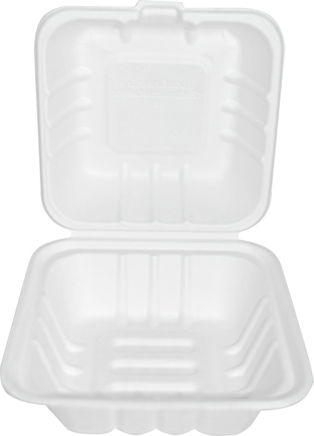 NATUREStar Sugar cane burger box Nature IV square Zuckerrohr-Burgerbox Nature IV quadratisch Sugar cane burger box Nature IV square; 450 ml, 15x15x8 cm (LxWxH); white; square; 50 piece / pack Zuckerrohr-Burgerbox Nature IV quadratisch; 450 ml, 15x15x8 cm (LxBxH); weiß; quadratisch; 50 Stück / Pack With attached hinged lid.  Made from high-quality, environmentally friendly bagasse, a waste product of sugar production. The tableware is shapely, lightweight and yet stable. Meets all requirements of EN 13432 and guarantees compostability. Stackable, waterproof, fat and oil resistant, heat and cold resistant, microwaveable up to 90 °C. Die Burgerbox ist aus Bagasse gefertigt, einem Abfallprodukt der Zuckerproduktion. Mit anhängendem Klappdeckel. Für alle ToGo-Bereiche, für Restaurants zum Einpacken von Resten. Die Einweg-Box ist lebensmittelecht sowie wasser-, öl- und fettbeständig. Sie hält Temperaturen bis 100 °C stand und eignet sich für die Mikrowelle. Erfüllt alle Ansprüche der EN 13432 und garantiert die Kompostierbarkeit.