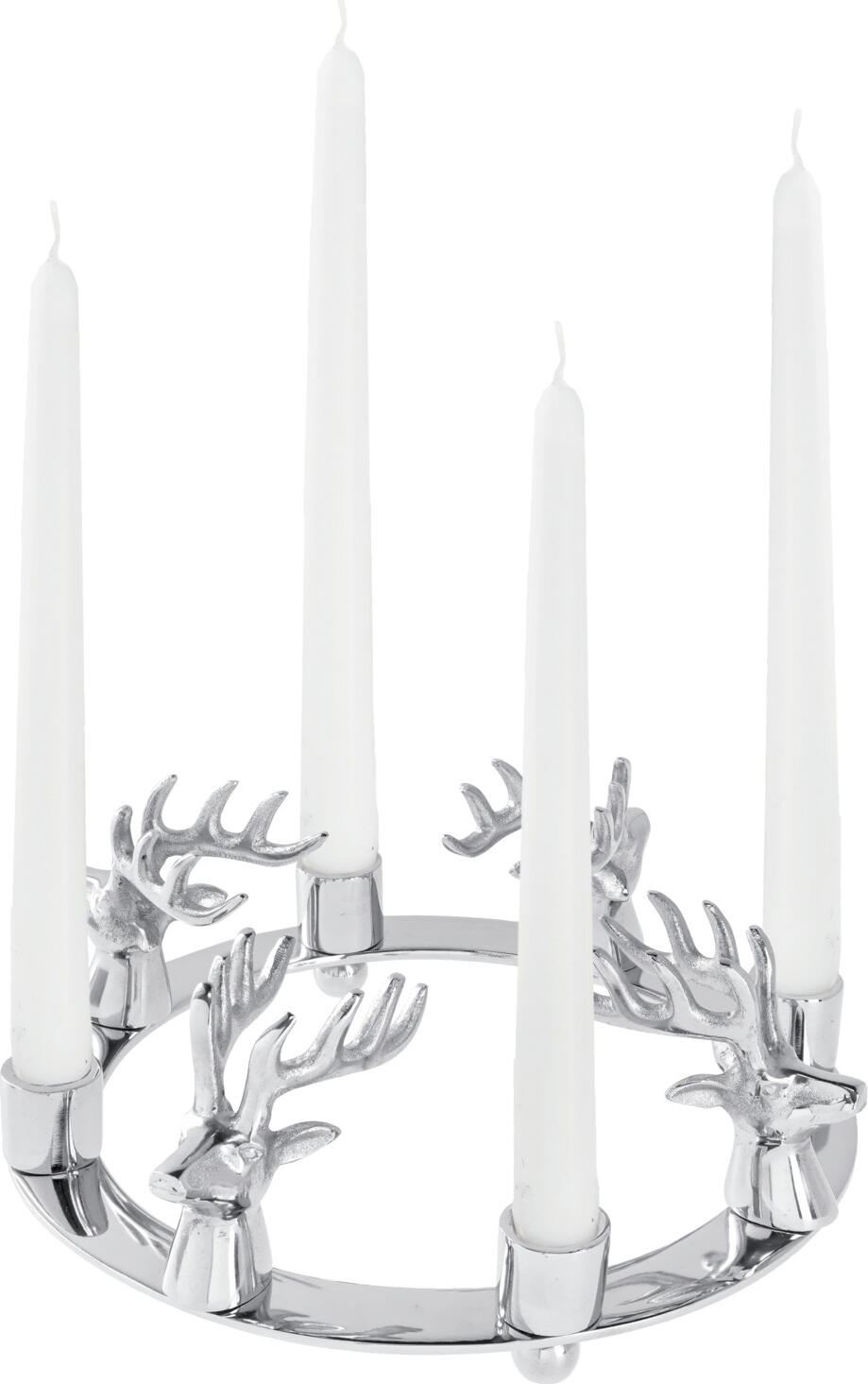 Vega Anesa Advent Wreath Candle Holder, Cast Aluminum Chrome Silver, 27.5 cm Diameter, 4 Taper Candles Capacity with Deer Head Decoration