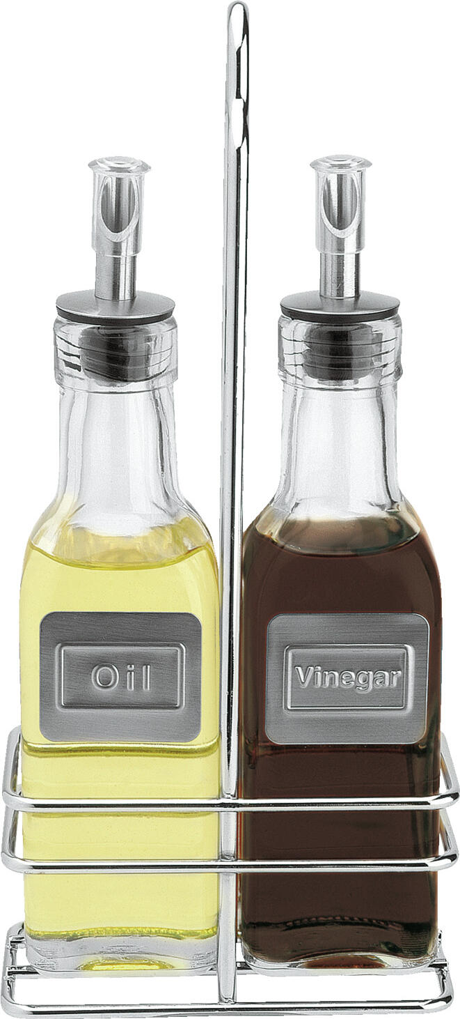 Set de Menaj Pulsiva Belcanto, Dispenser de Ulei si Vinegar din Sticla cu Rama de Metal Cromat, 170ml, Argintiu/Transparent, Set de 3 Piese