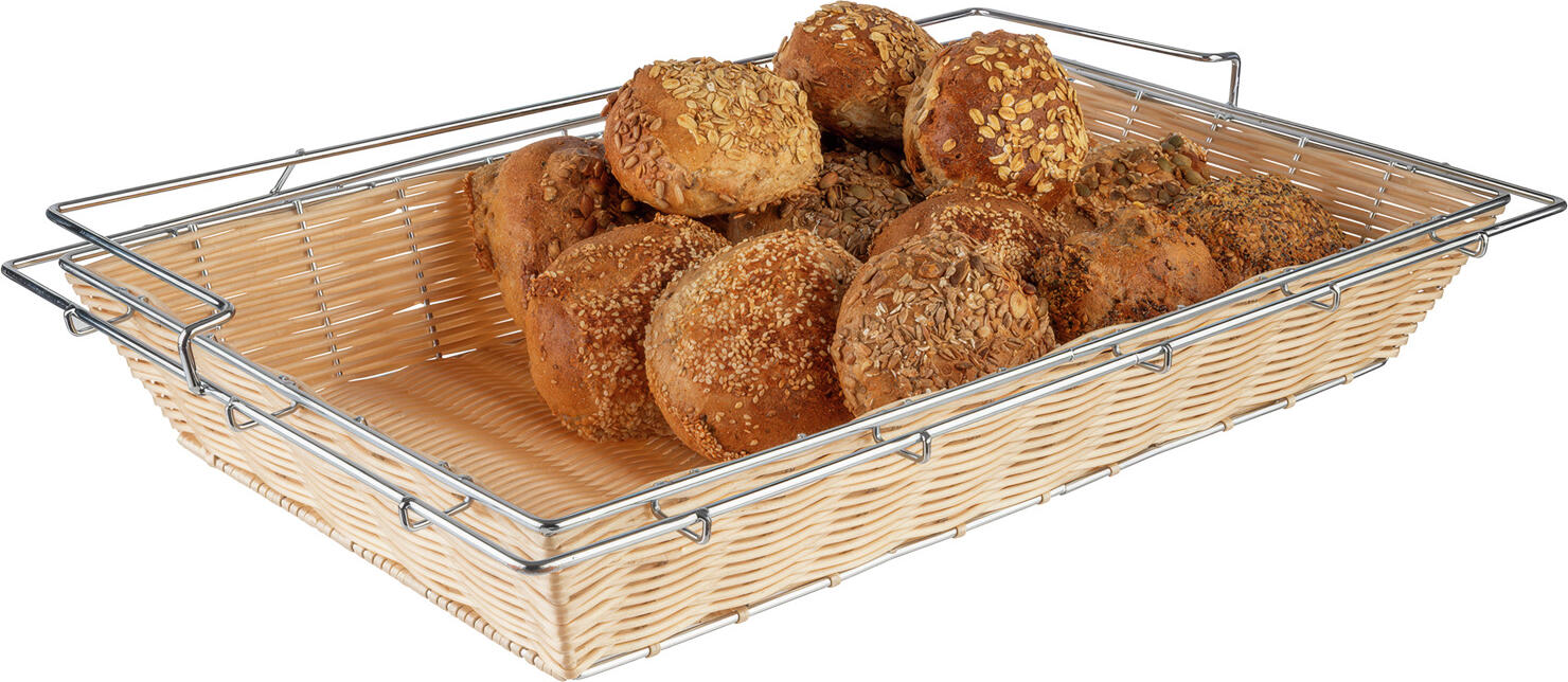 APS Buffet Basket ECONOMIC 40153, Rectangular Polypropylene Wicker-Style Basket with Stainless Steel Frame, Natural, 56.5x36.5x11 cm, Shatterproof
