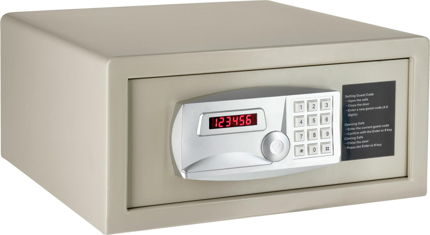 PULSIVA LUSINI Solutions GmbH Room safe Lock Zimmersafe Lock Room safe Lock; 40x19.6x42.8 cm (WxHxD); grey Zimmersafe Lock; 40x19.6x42.8 cm (BxHxT); grau Robust room safe made of hardened steel. Trouble-free operation and easy to use. Large, battery-powered display clearly shows the code to prevent incorrect entries. Includes emergency key and master code. The hotel room safe has bore holes on the base and rear panel and can be installed using the enclosed mounting accessories to secure the safe against theft. Battery-powered (4x AA 1.5 V), batteries not included. Robuster Zimmersafe aus gehärtetem Stahl. Störungsfreier Betrieb und einfache Bedienbarkeit. Großes, batteriebetriebenes Display zeigt Code gut lesbar an, um Falscheingaben vorzubeugen. Inkl. Notöffnungsschlüssel und Mastercode. Der Hotelzimmersafe verfügt über Bohrlöcher am Boden und der Rückwand und kann mit dem beiliegenden Befestigungsmaterial diebstahlsicher montiert werden. Batteriebetrieben (4 x AA-1,5-V), Batterien im Lieferumfang nicht enthalten.