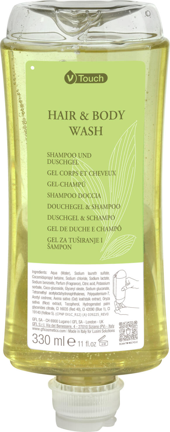 V-Touch LUSINI Solutions GmbH Hotel shampoo and shower gel Mineral in dispenser system Hotel Shampoo und Duschgel Mineral im Spendersystem Hotel shampoo and shower gel Mineral in dispenser system; 330 ml; green; 24 piece / pack Hotel Shampoo und Duschgel Mineral im Spendersystem; 330 ml; grün; 24 Stück / Pack The fresh, harmonious two-in-one shampoo and shower gel from V-Touch Mineral gently cleanses and cares for the skin and provides the hair with high-quality hair care. It exudes a delicate fragrance of citrus fruits and exquisite flowers. It is a real care all-rounder with valuable extracts of oats and organic extracts of oryza sativa. Dermatologically tested. The liquid shampoo and shower gel in the useful dispenser bottle is easy to remove. The dispenser bottle is made of 100% recycled material and is simply hung in the dispenser. It is removed by pressing lightly on the bottle. The dispenser bottle is also environmentally friendly and can be recycled after use. Dispenser bottle capacity: 330 ml. Order matching holder separately. Das frisch, harmonische zwei-in-eins Shampoo und Duschgel von V-Touch Mineral reinigt und pflegt sanft die Haut und versorgt das Haar mit hochwertiger Haarpflege. Es verströmt einen zarten Duft von Zitrusfrüchten und erlesenen Blüten. Es ist ein echter Pflege-Allrounder mit wertvollen Extrakten vom Hafer und den Bio-Extrakte des Oryza-Sativa. Dermatologisch getestet. Das flüssige Shampoo und Duschgel in der nützlichen Spenderflasche ist einfach zu entnehmen. Die Spenderflasche ist aus 100 % recyceltem Material und wird in den Spender einfach eingehängt. Die Entnahme erfolgt durch leichten Druck auf die Flasche. Dazu ist die Spenderflasche umweltschonend und kann nach Gebrauch recycelt werden. Spenderflasche Inhalt: 330 ml. Passende Halterung separat dazu bestellen.