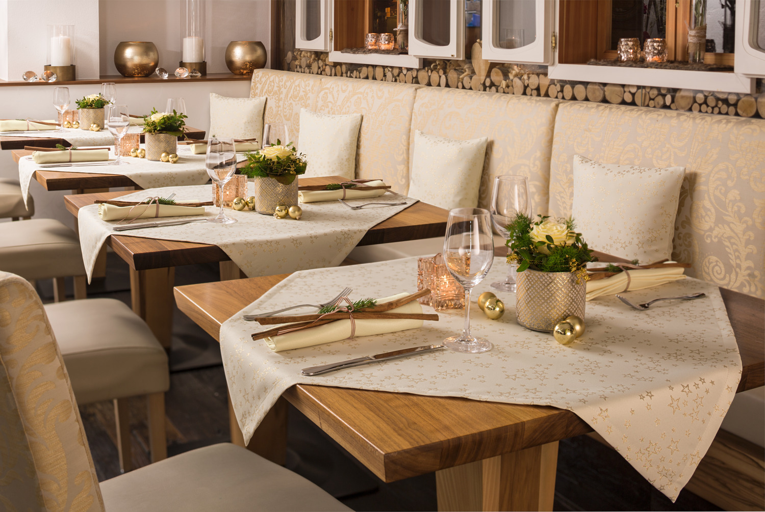 ERWIN M. LUSINI Salamanca Tablecloth, 100% Polyester Satin Fabric with Golden Stars, Stain Resistant and Easy Iron, Width 185 cm, Gold