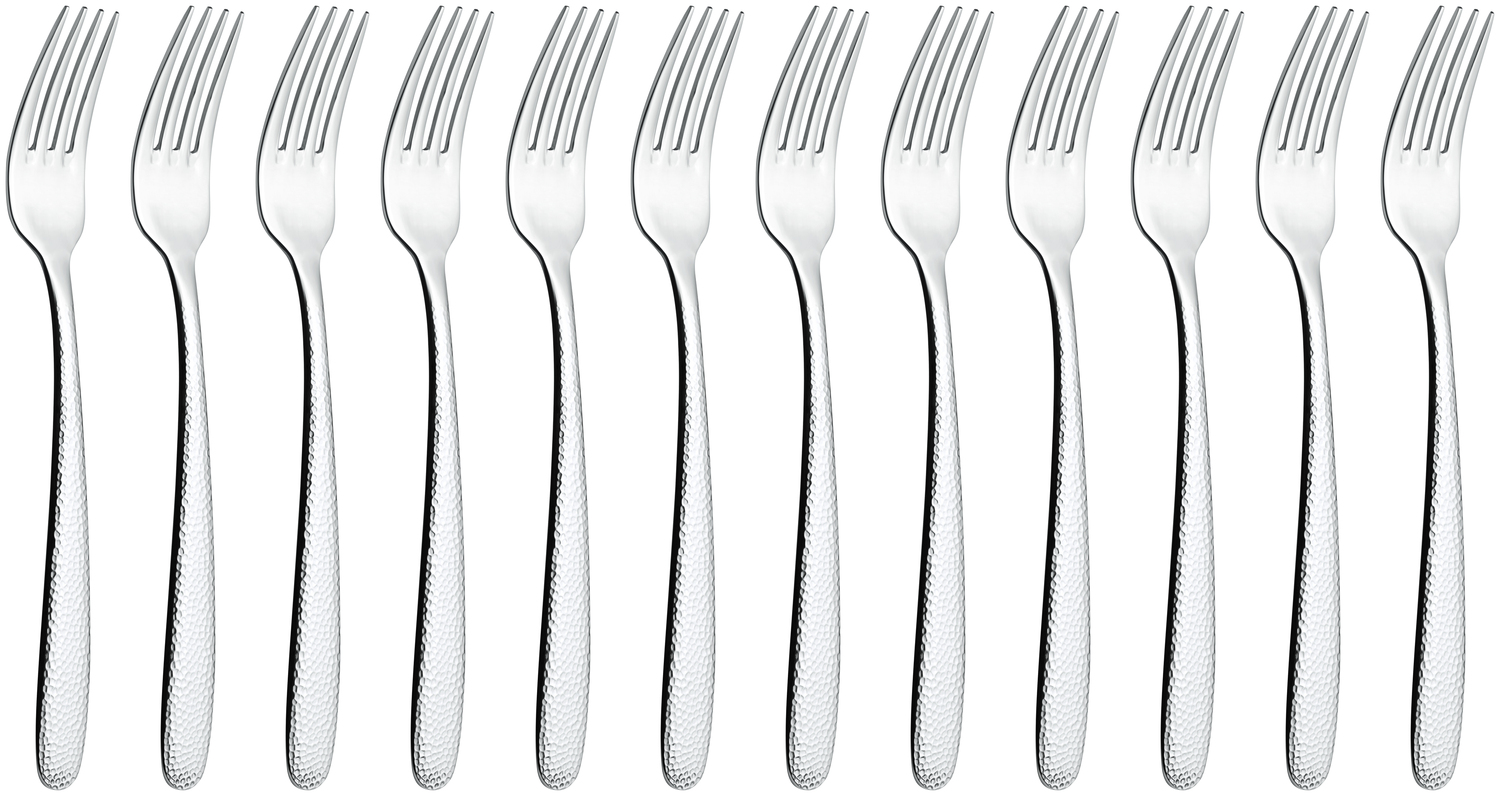 VEGA Martello Table Fork Set of 12, 18/10 Chrome-Nickel Stainless Steel, Mirror Polished Hammered Relief, 20.6 cm, Gastronomy Grade, Silver