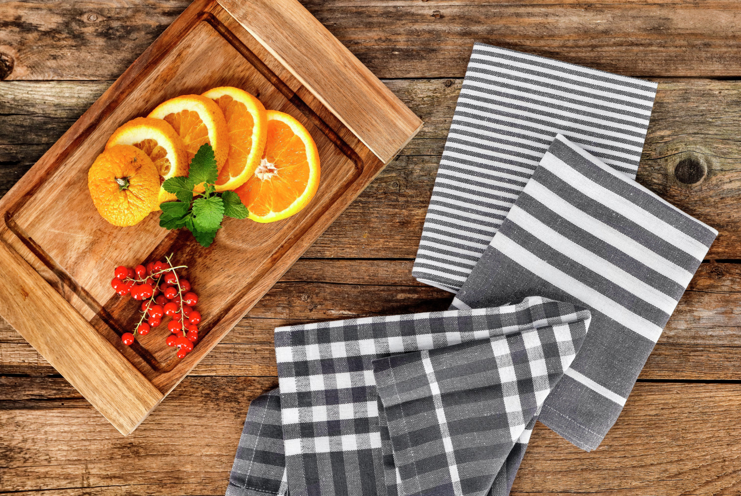 PULSIVA Jena Tea Towels, Set of 3, 40 x 60 cm, 80% Cotton 20% Polyester, Grey/White Striped and Checkered, OEKO-TEX Standard 100