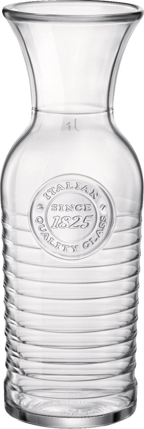 Bormioli Rocco Bormioli Luigi S.p.A. Glass carafe Officina with filling line Glas-Karaffe Officina mit Eichstrich Glass carafe Officina with filling line; 1183 ml, 9.6x27.5 cm (ØxH); transparent; 1 l Filling line, 6 piece / pack Glas-Karaffe Officina mit Eichstrich; 1.183 l, 9.6x27.5 cm (ØxH); transparent; 1 l Eichstrich, 6 Stück / Pack Robust decanter with grooved structure and stamp. Stackable and dishwasher safe. Robuste Karaffe mit Rillen-Struktur und Stempel. Stapelbar und spülmaschinenfest.