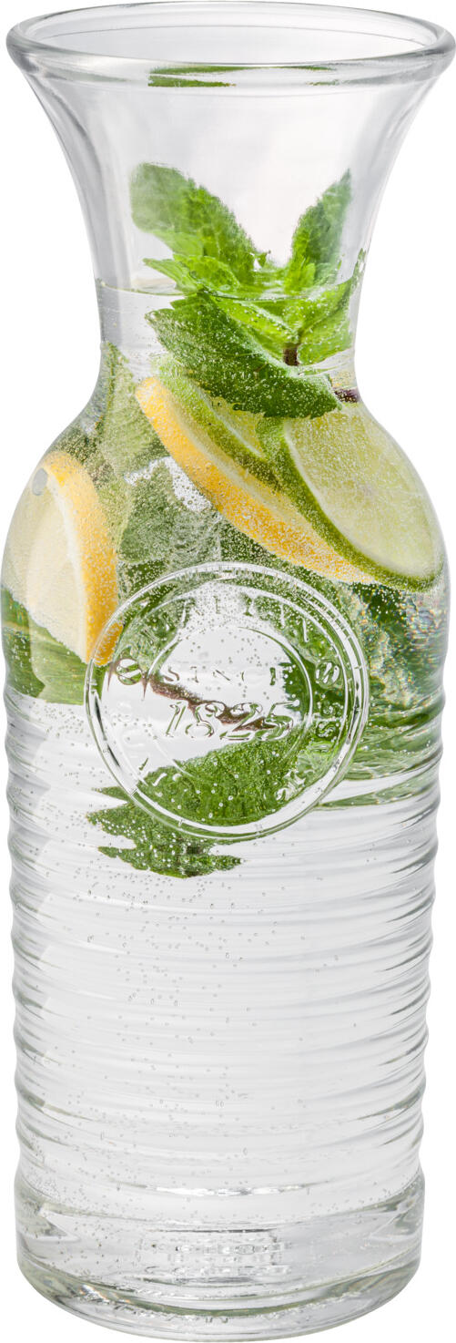 Bormioli Rocco Officina Glass Carafe Decanter, 1183ml / 1L Capacity, Transparent Ribbed Design, Stackable and Dishwasher Safe, Set of 6 Pieces