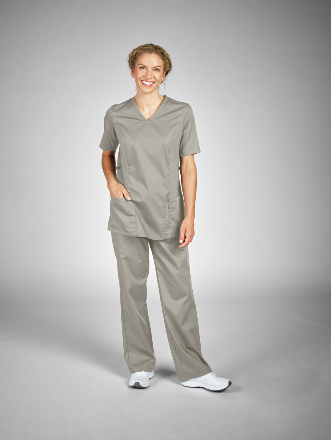 pantaloni Jobeline Sabina pentru femei, croiala drepta, amestec poliester cotton, breathable, talie medie cu cordon de ajustare, gri-piatra