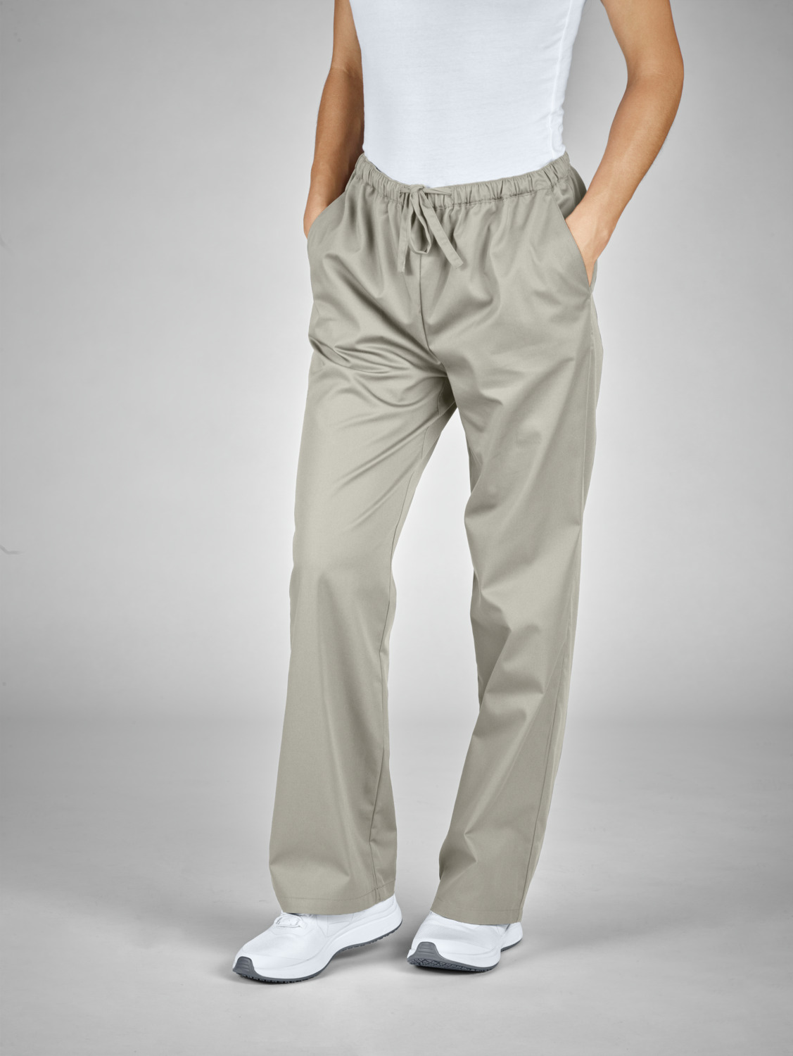 pantaloni Jobeline Sabina pentru femei, croiala drepta, amestec poliester cotton, breathable, talie medie cu cordon de ajustare, gri-piatra