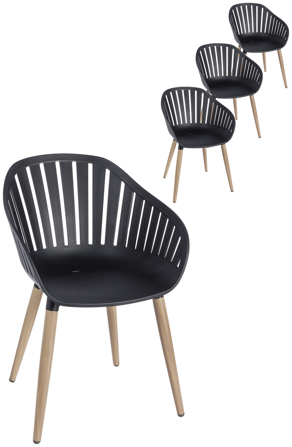 VEGA LUSINI Gimani Outdoor Bucket Chair Set of 4, Brown/Black, Weatherproof UV-Resistant Plastic Shell, Aluminum Wood-Look Legs, 53 x 55.5 x 79.5 cm