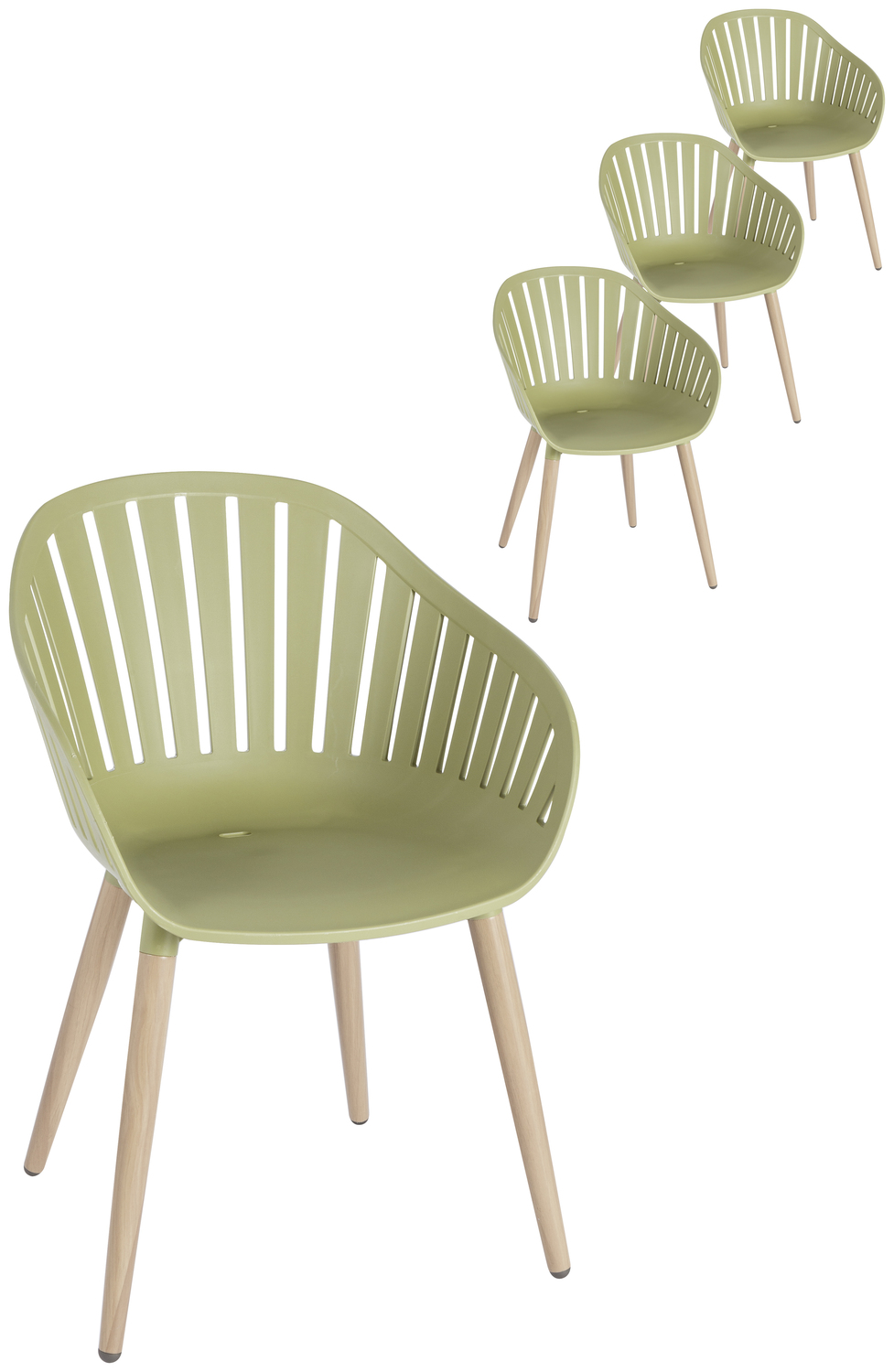 VEGA LUSINI Gimani Outdoor Bucket Chair Set of 4, Olive/Brown, Weatherproof UV-Resistant Plastic Shell, Aluminum Wood-Look Legs, 53 x 55.5 x 79.5 cm
