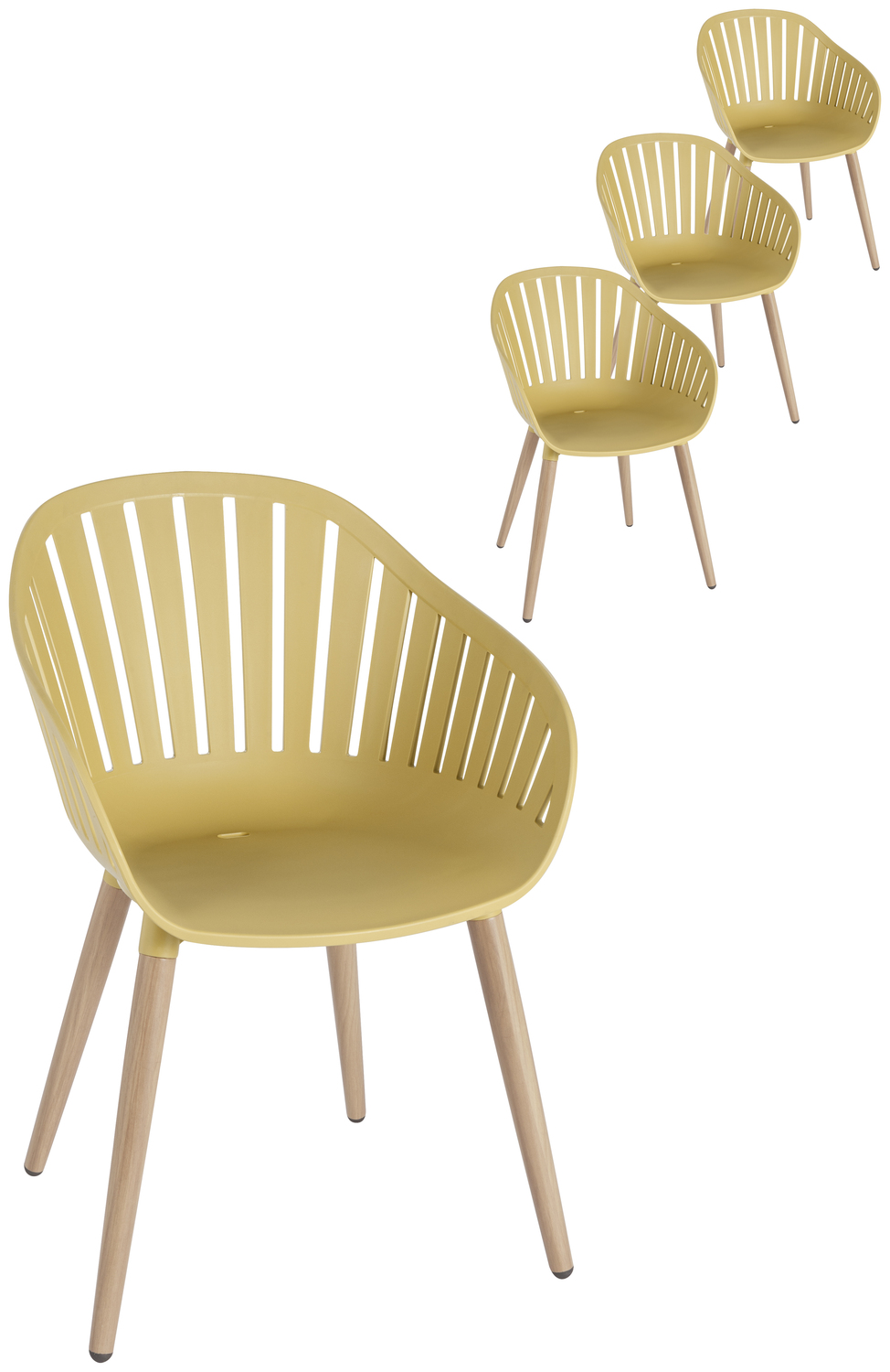 Set de 4 scaune de exterior VEGA LUSINI Gimani, Mustard/Brown, scoica din plastic rezistent la UV si intemperii, picioare din aluminiu aspect lemn, 53 x 55.5 x 79.5 cm