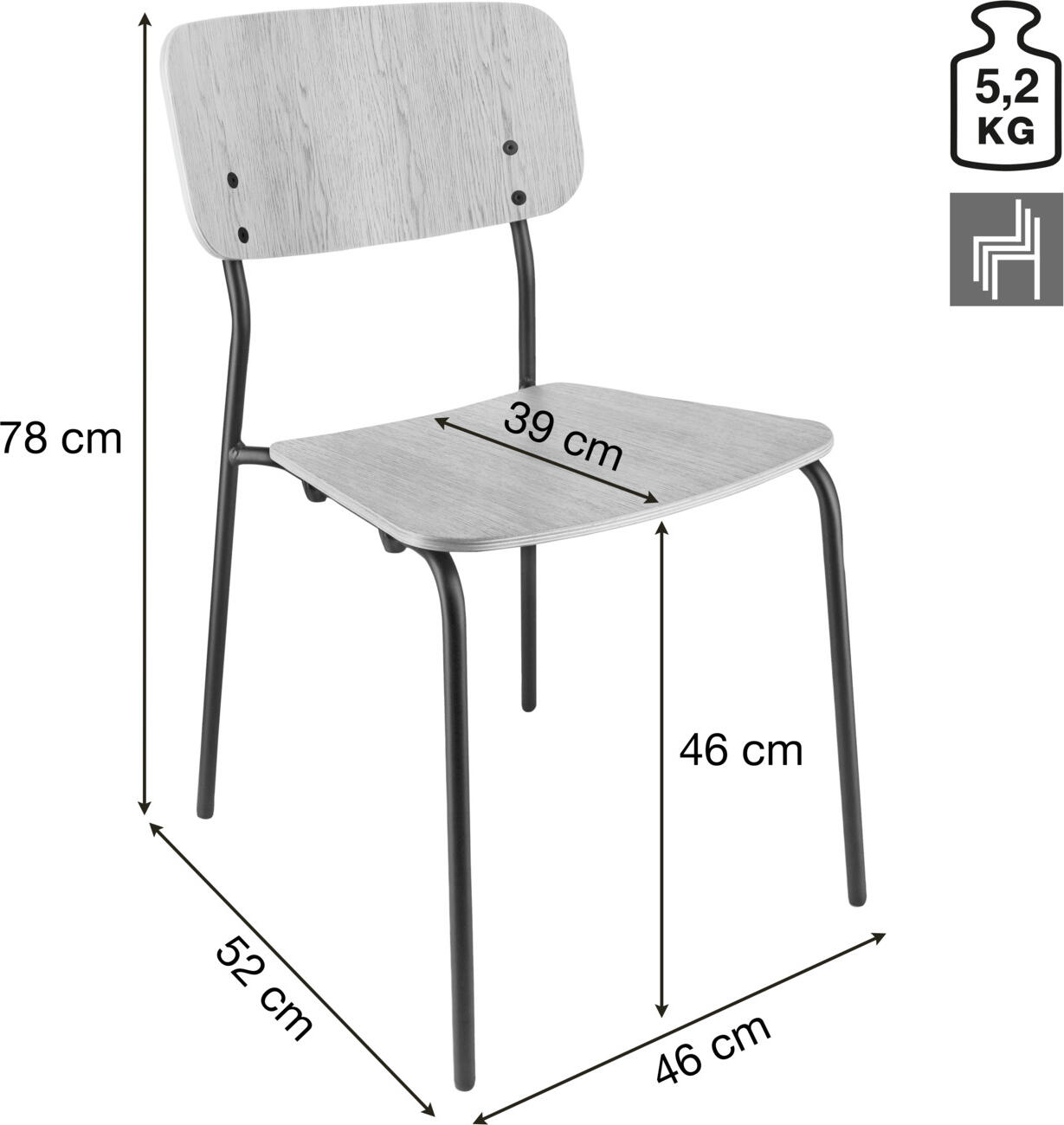 Set de 4 scaune de conferinta PULSIVA Kantino, lemn de fag cu placaj de stejar, cadru din otel vopsit electrostatic negru, stivuibile, certificate FSC